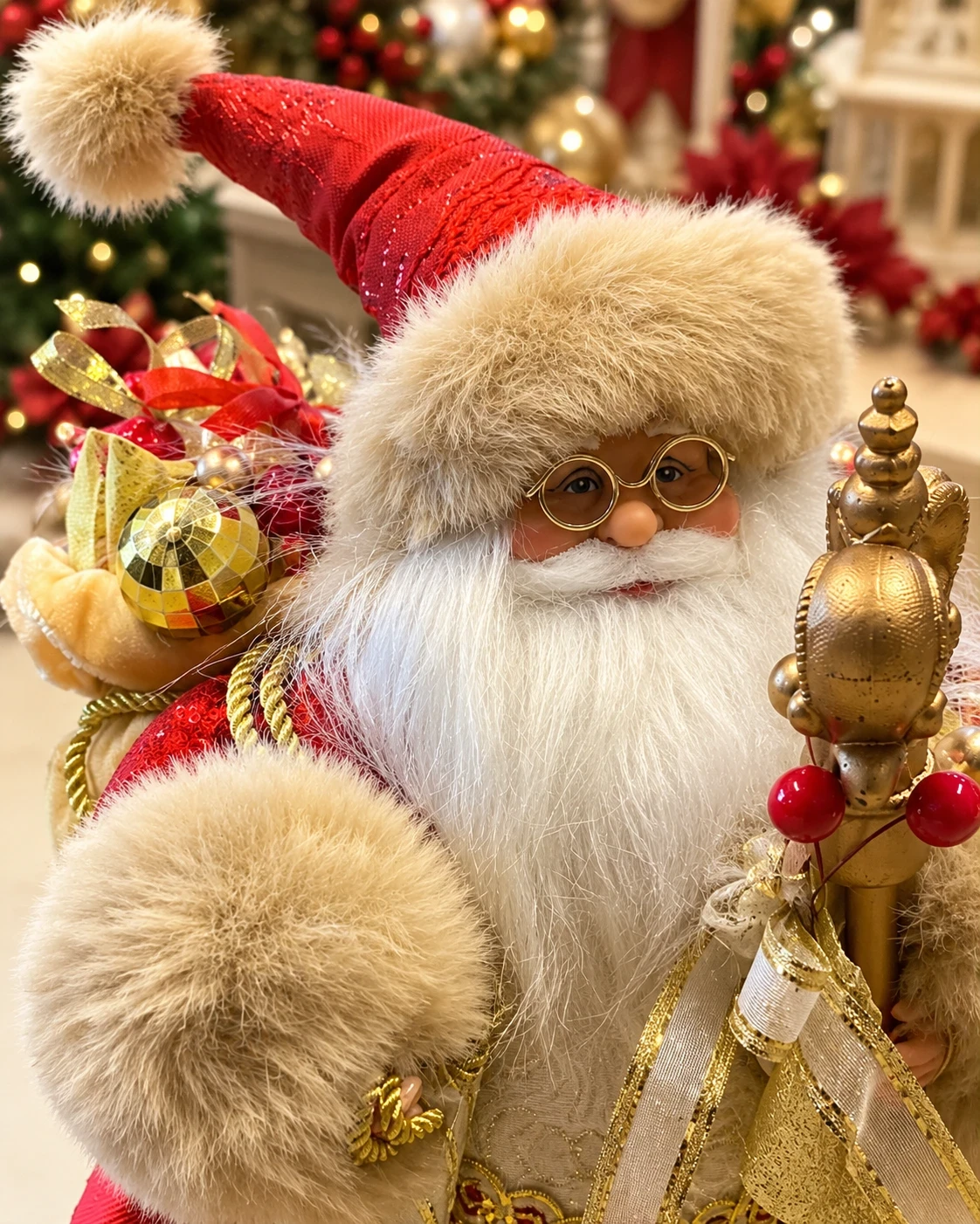 Papai Noel Natalino Vermelho e Dourado com Cajado 30 cm 3