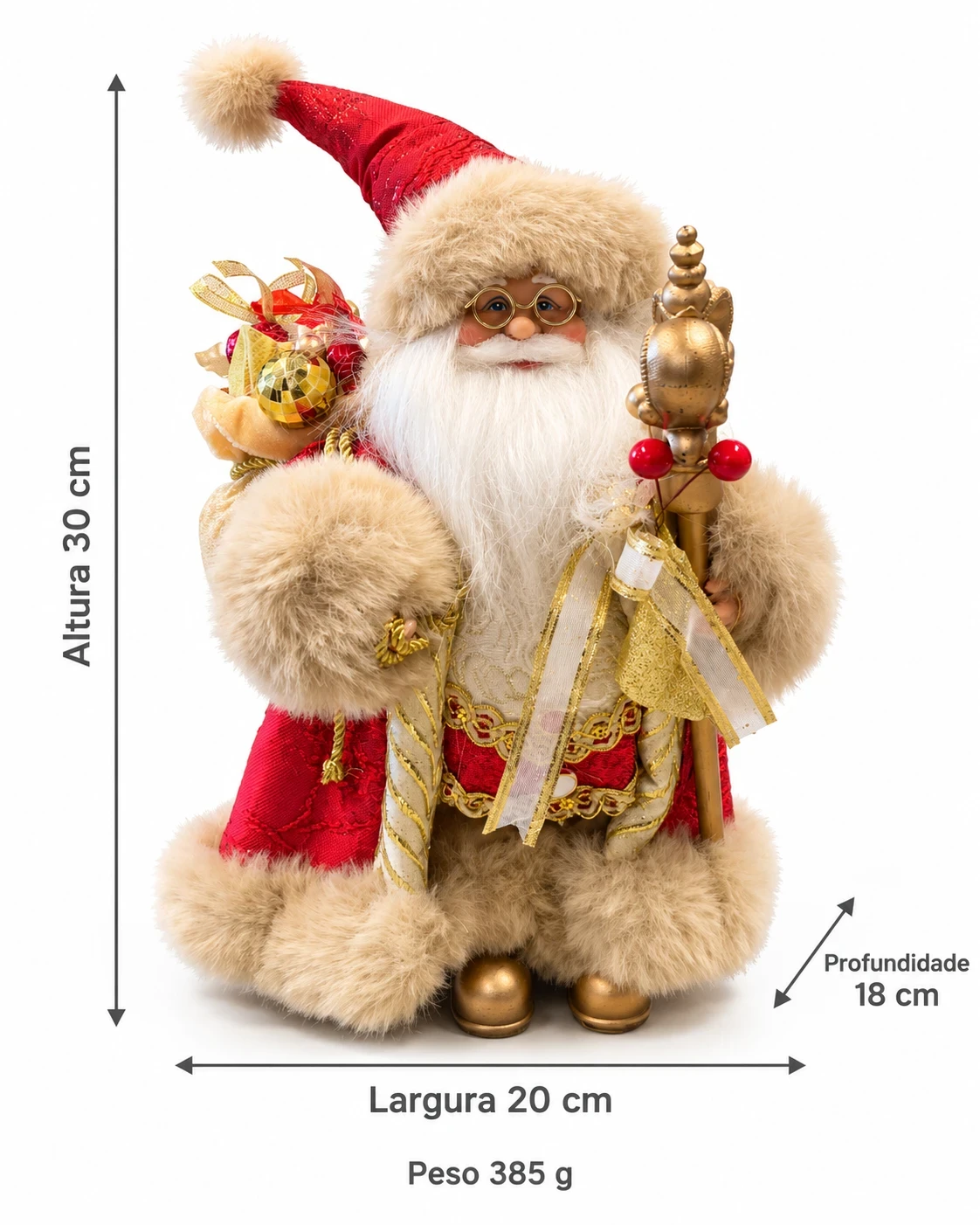 Papai Noel Natalino Vermelho e Dourado com Cajado 30 cm 5