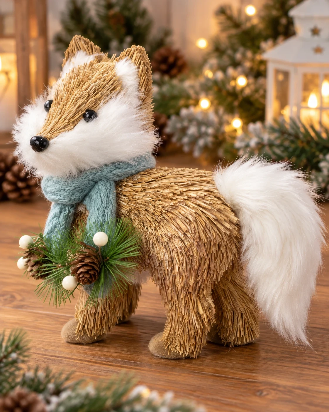 Raposa de palha Natalina Bosque Nevado com Pinha 20 cm 3