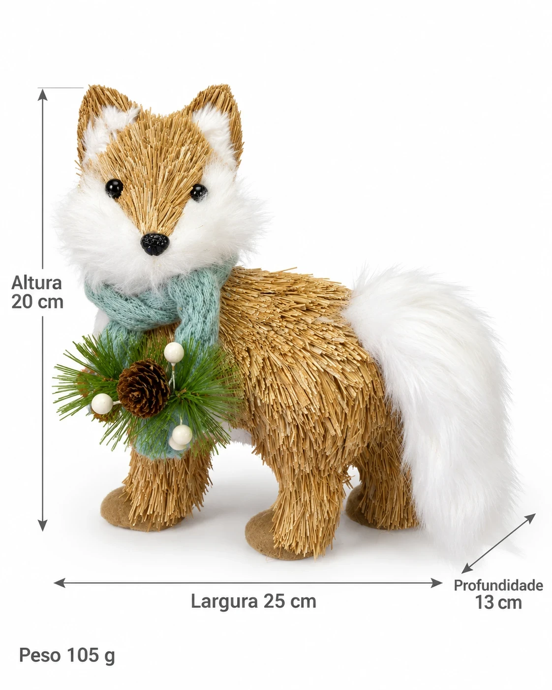Raposa de palha Natalina Bosque Nevado com Pinha 20 cm 6