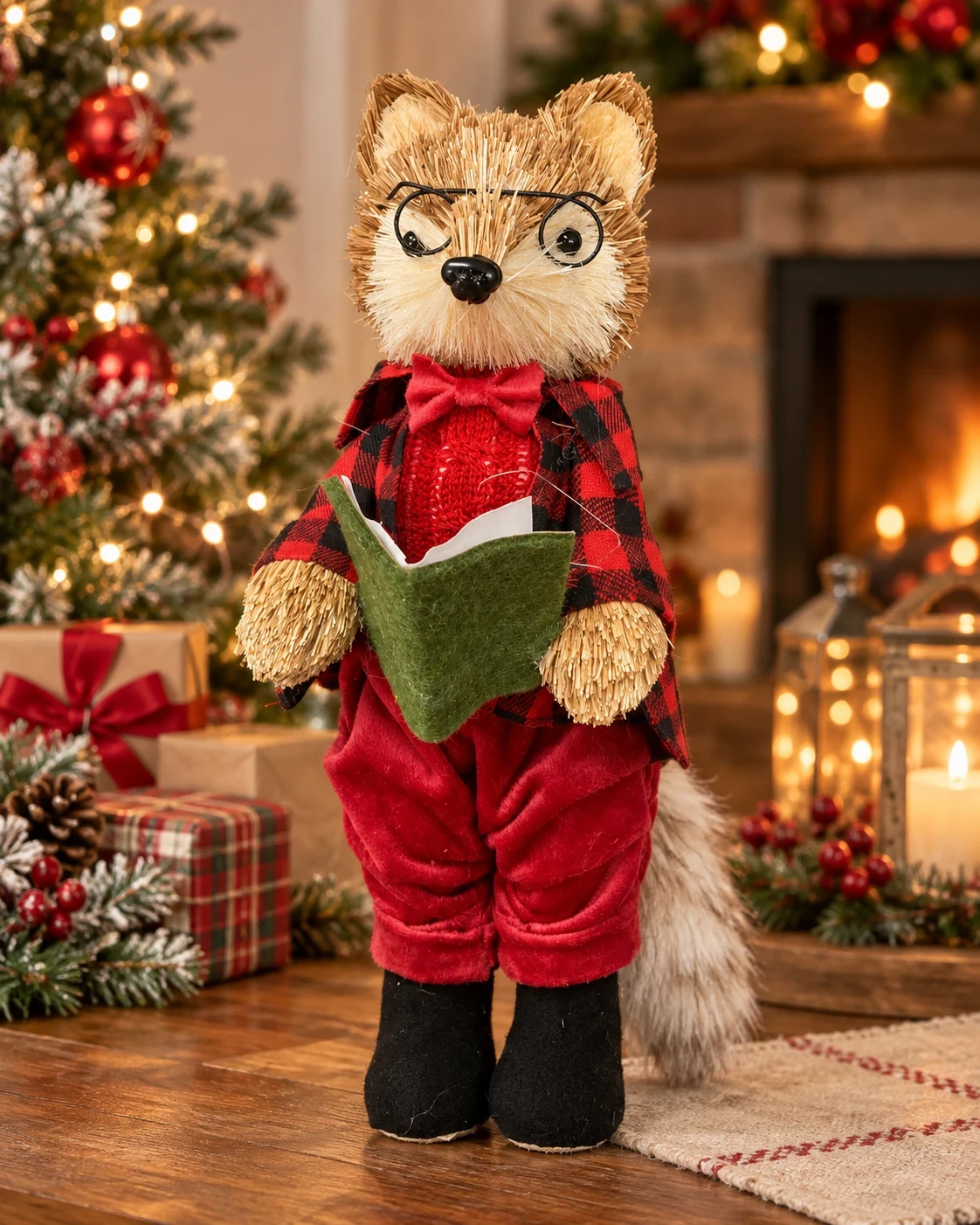 Raposa Leitora de Natal Xadrez com Livro 30 cm