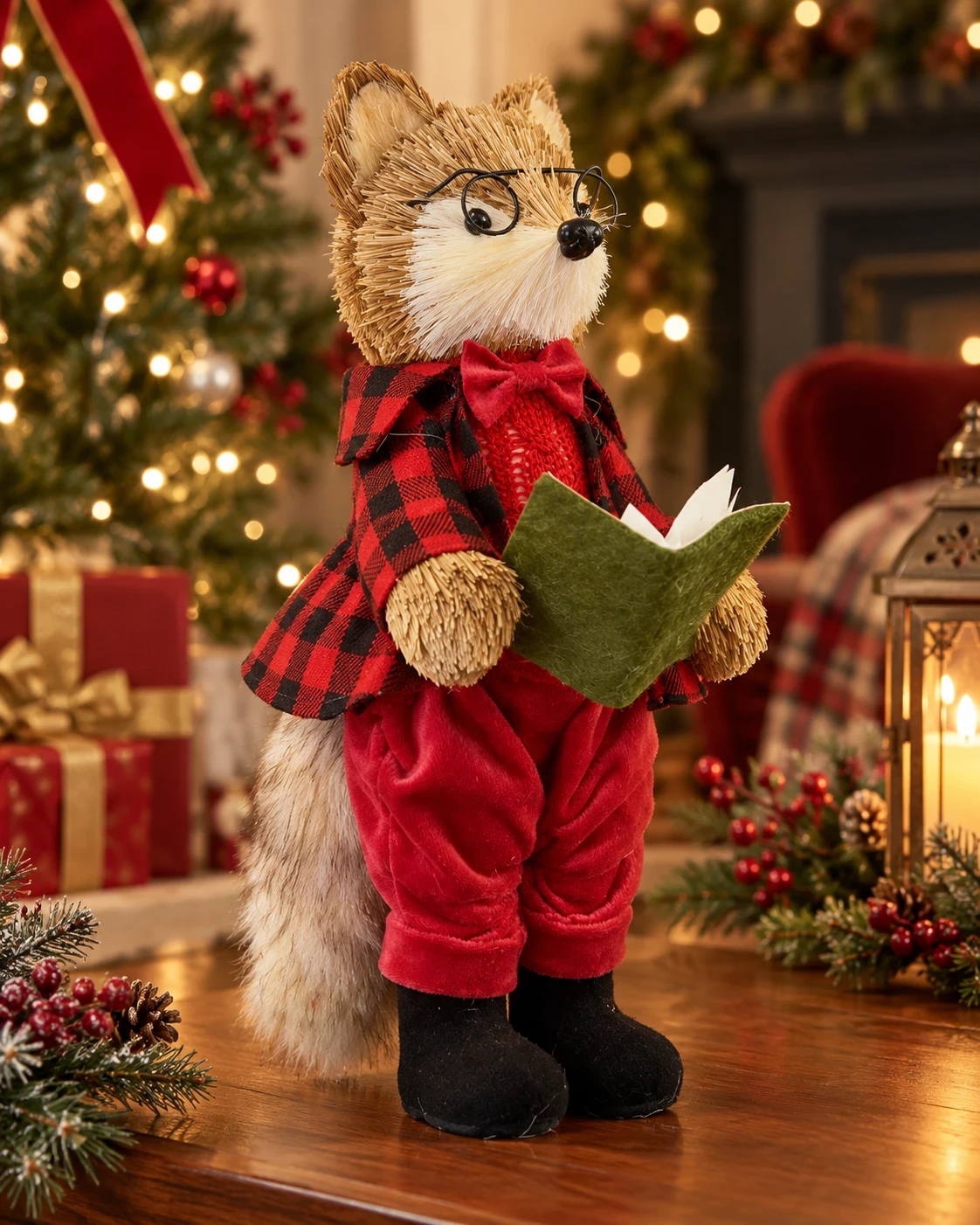 Raposa Leitora de Natal Xadrez com Livro 30 cm 3