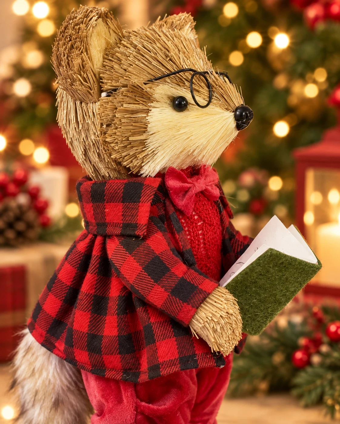 Raposa Leitora de Natal Xadrez com Livro 30 cm 4