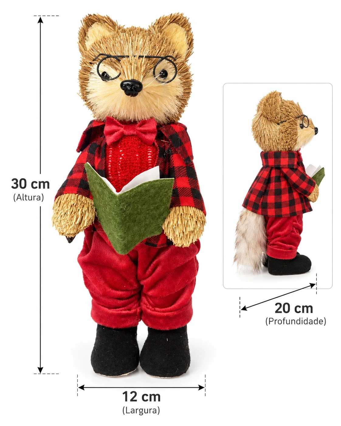 Raposa Leitora de Natal Xadrez com Livro 30 cm 6