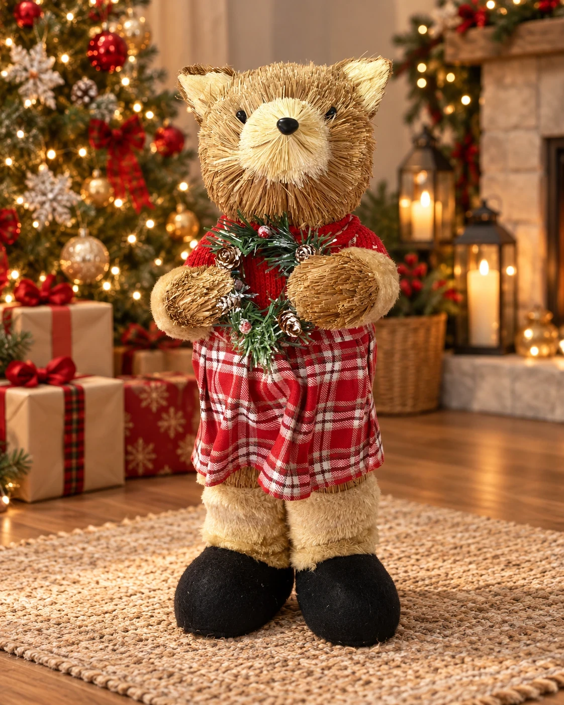 Urso Natalino Bosque Xadrez com Guirlanda 38 cm 1