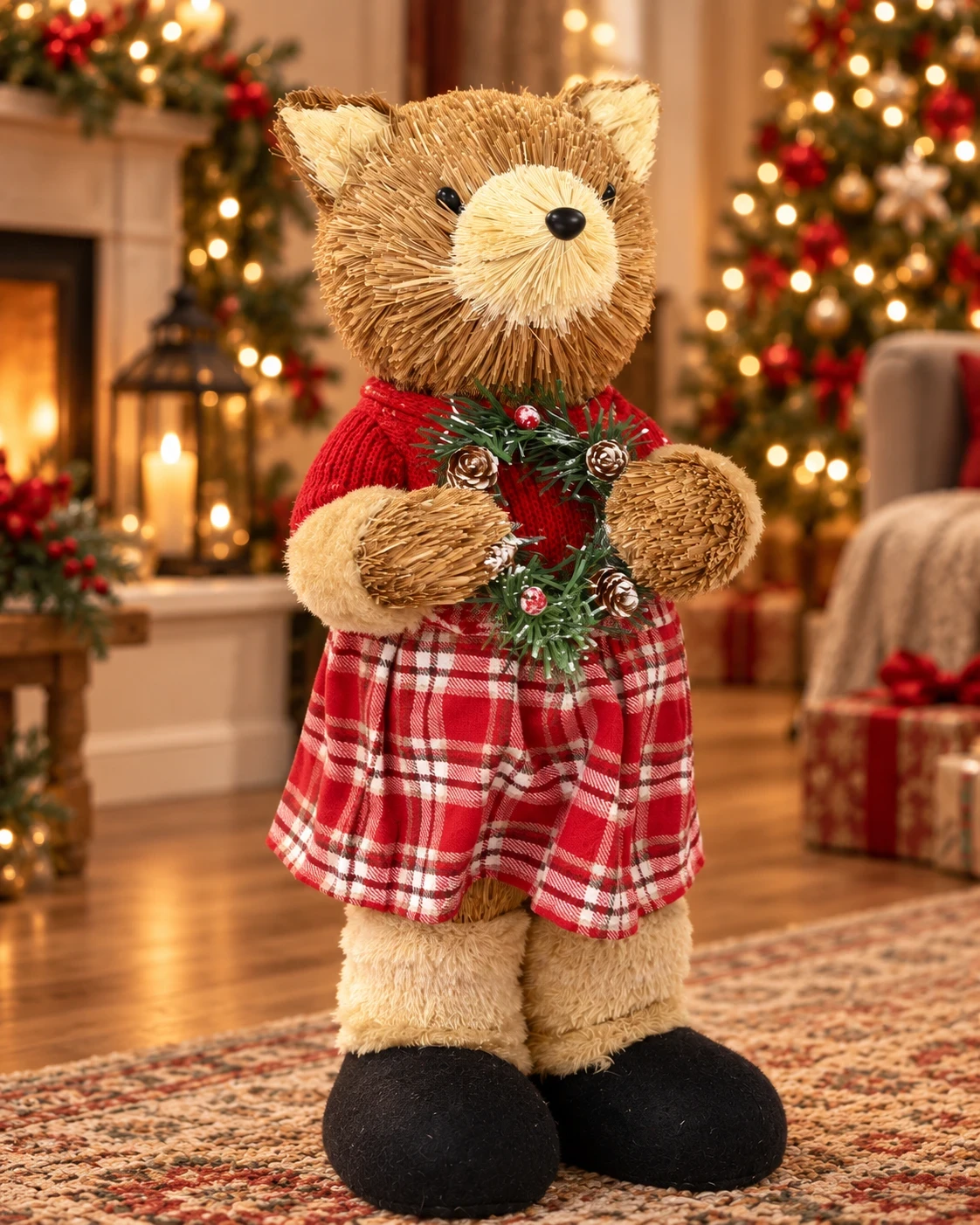 Urso Natalino Bosque Xadrez com Guirlanda 38 cm 2