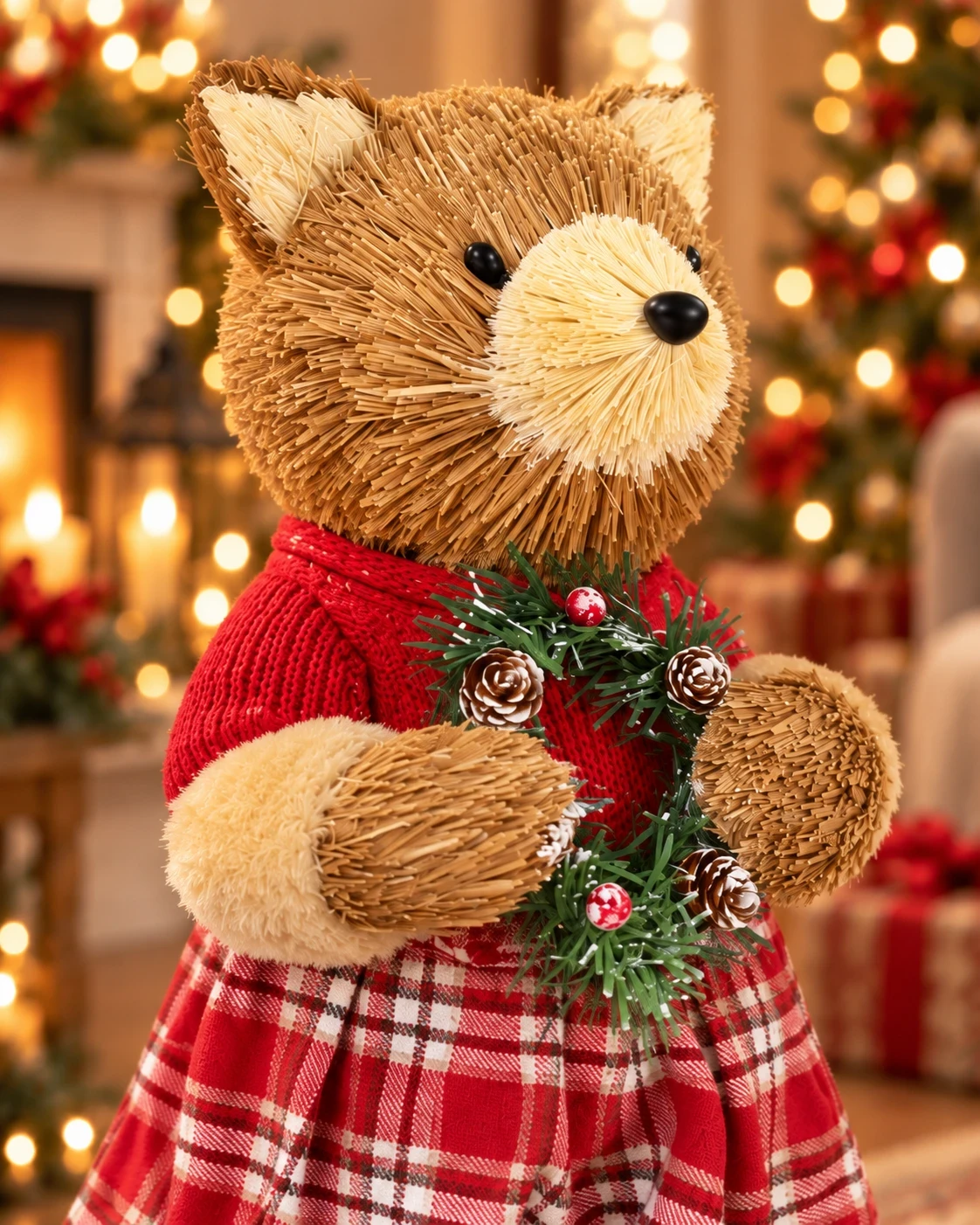 Urso Natalino Bosque Xadrez com Guirlanda 38 cm 3