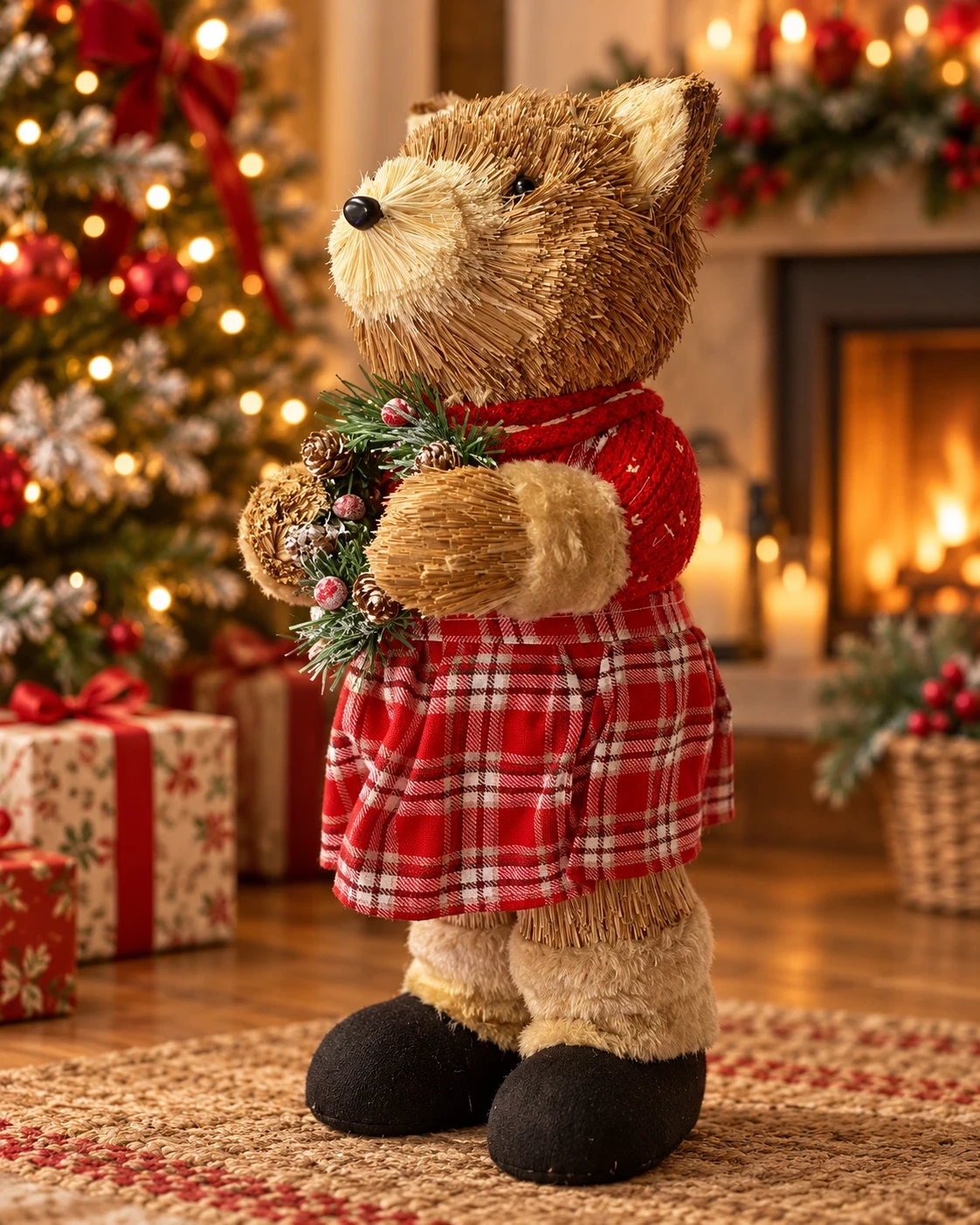 Urso Natalino Bosque Xadrez com Guirlanda 38 cm 4