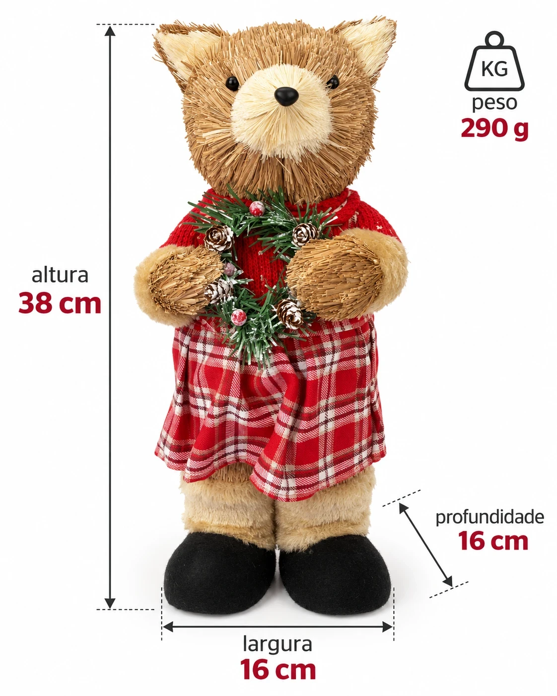 Urso Natalino Bosque Xadrez com Guirlanda 38 cm 6