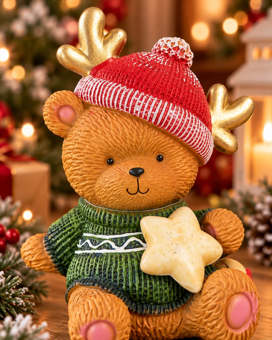 Urso Natalino com Chifres de Rena 23 cm Verde e Vermelho 1