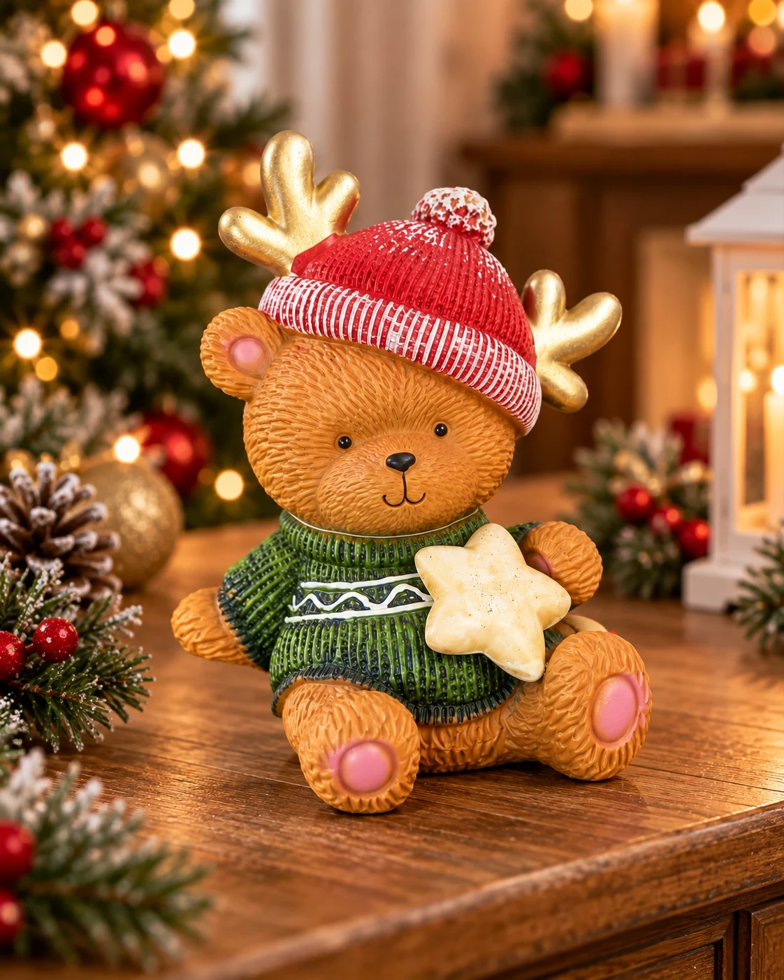 Urso Natalino com Chifres de Rena 23 cm Verde e Vermelho 2