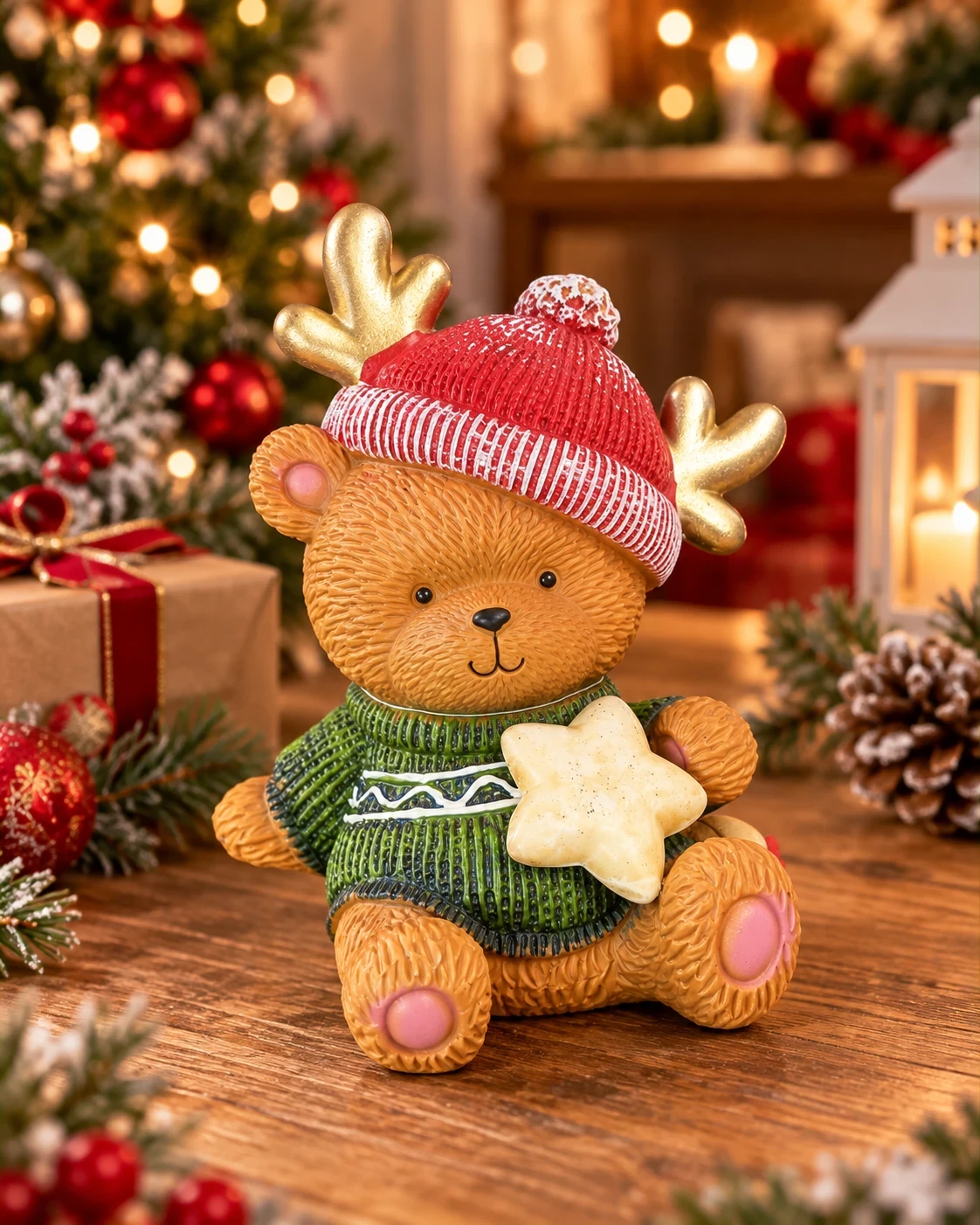Urso Natalino com Chifres de Rena 23 cm Verde e Vermelho 3