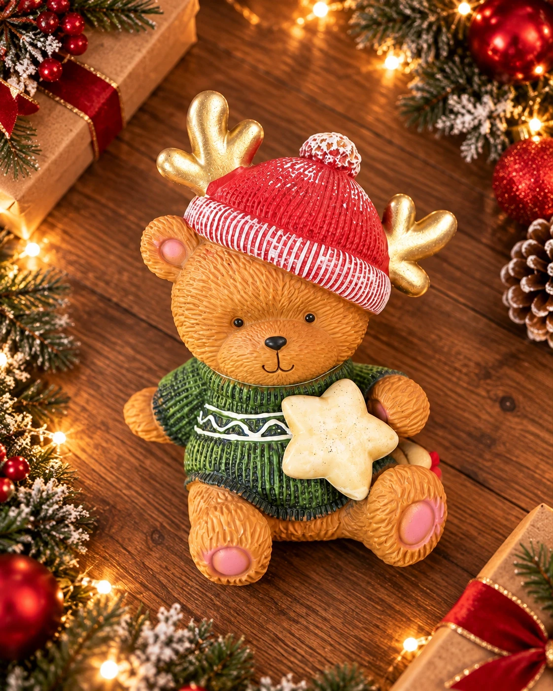 Urso Natalino com Chifres de Rena 23 cm Verde e Vermelho 4