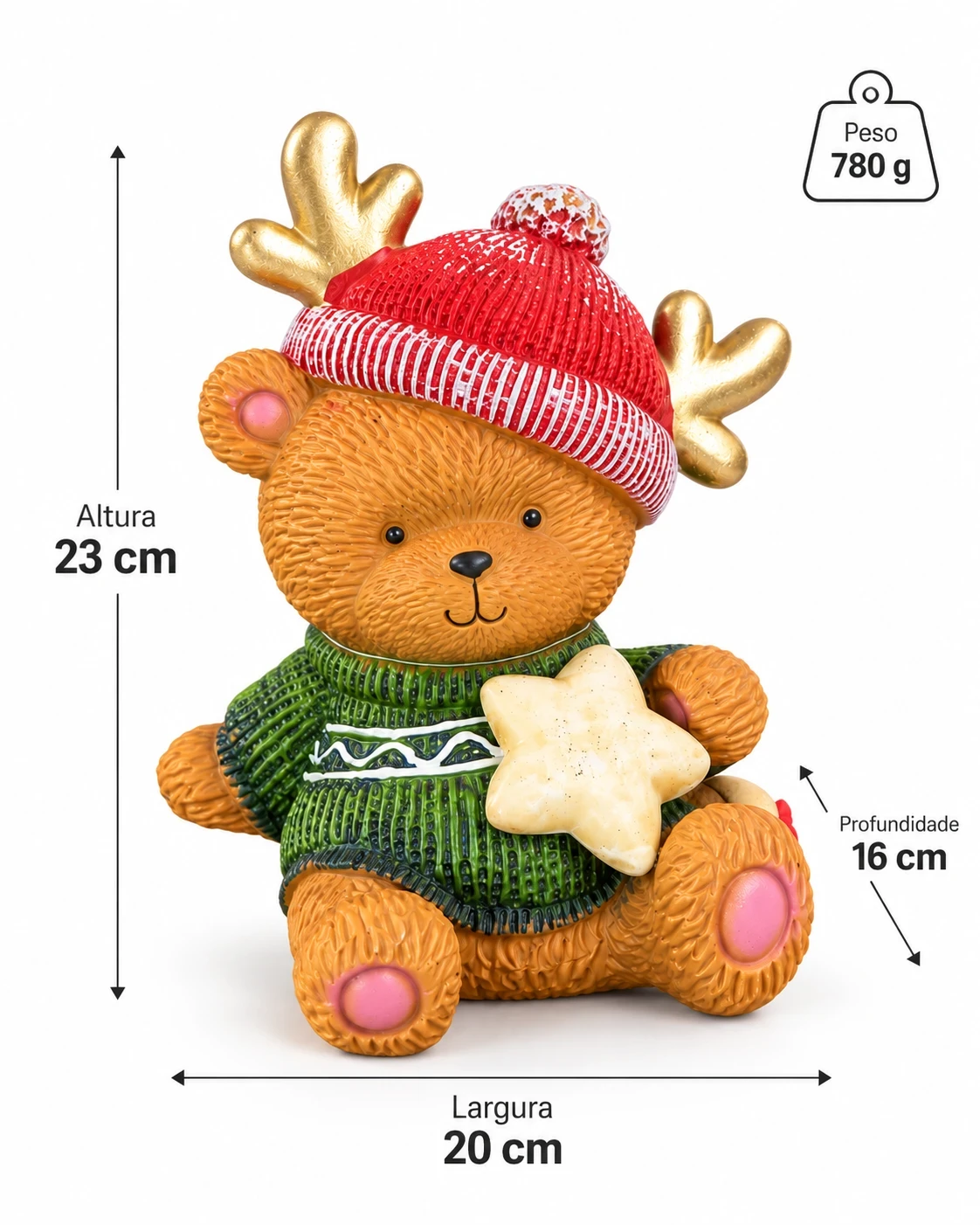 Urso Natalino com Chifres de Rena 23 cm Verde e Vermelho 6