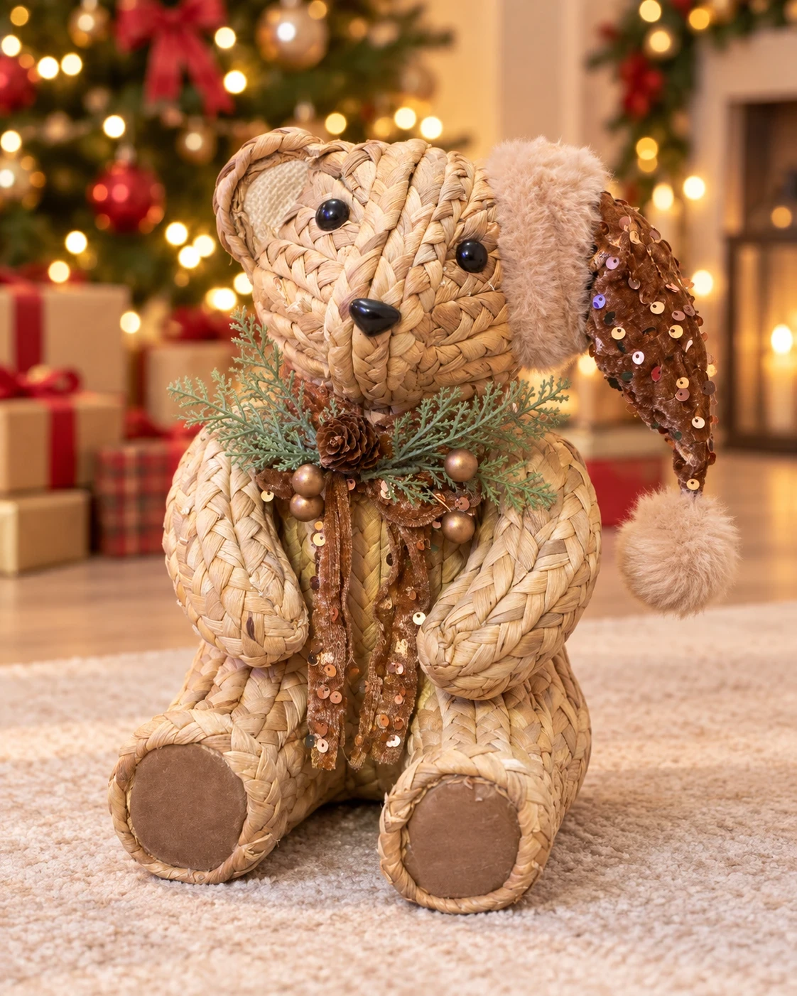 Urso Natalino em Palha Trançada com Gorro Marrom 28 cm 1