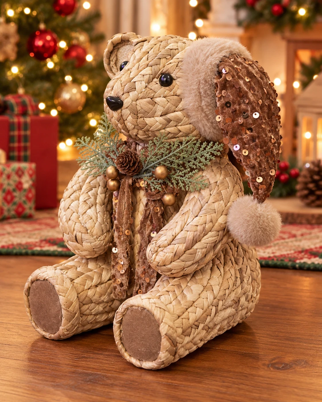 Urso Natalino em Palha Trançada com Gorro Marrom 28 cm 2