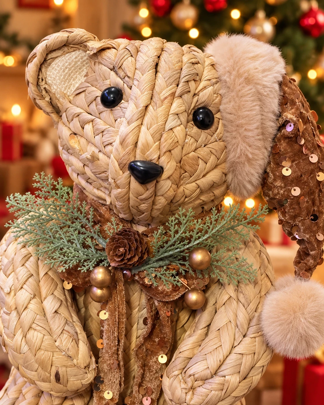 Urso Natalino em Palha Trançada com Gorro Marrom 28 cm 3
