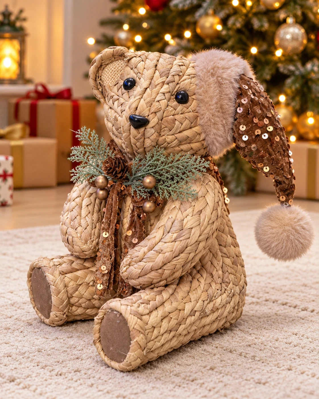 Urso Natalino em Palha Trançada com Gorro Marrom 28 cm 4