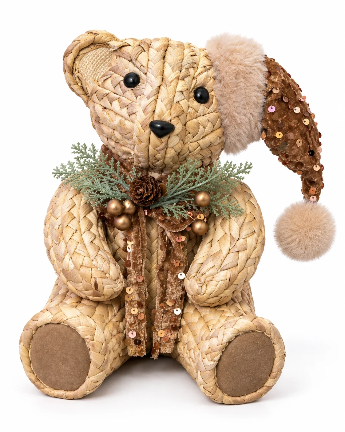 Urso Natalino em Palha Trançada com Gorro Marrom 28 cm 5