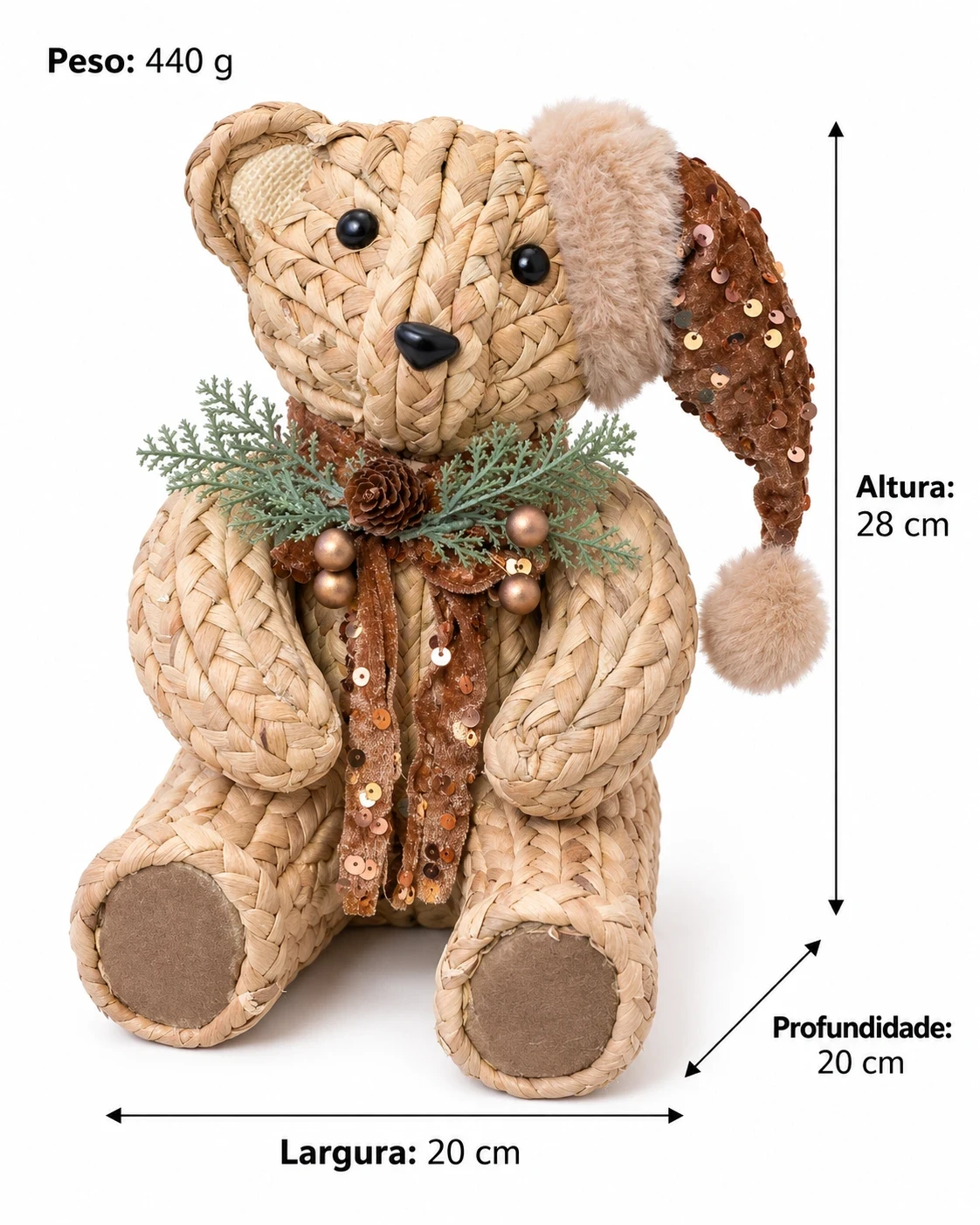 Urso Natalino em Palha Trançada com Gorro Marrom 28 cm 6