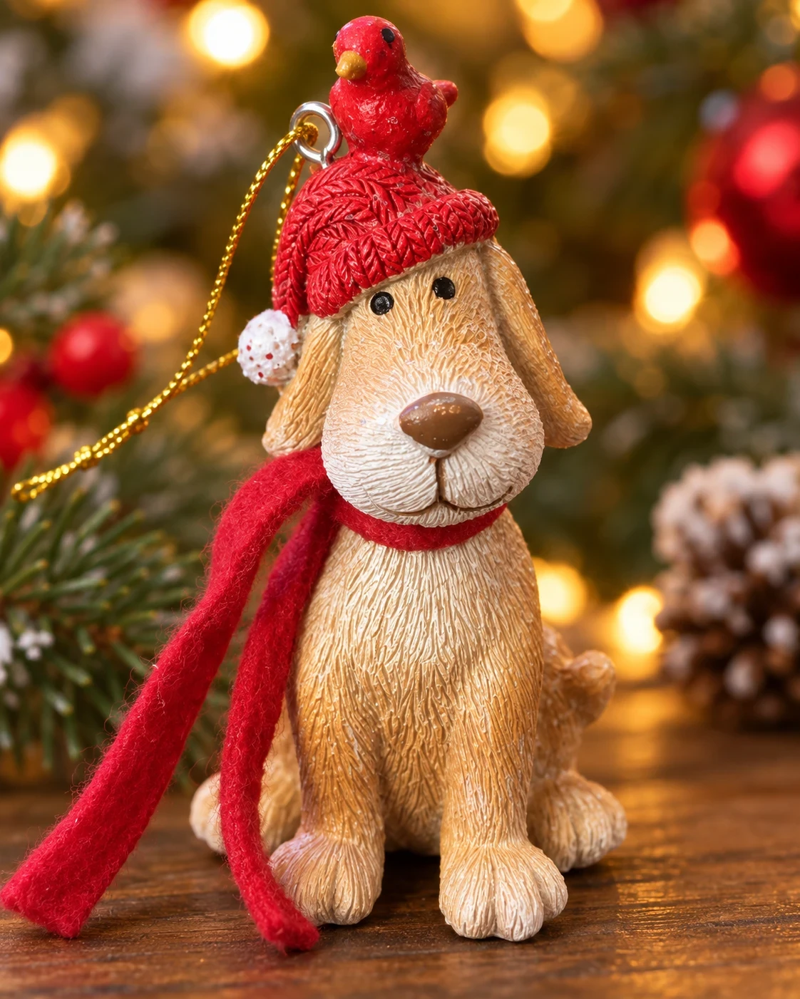 Cachorro Natalino com Gorro Vermelho e Pássaro 10 cm 1