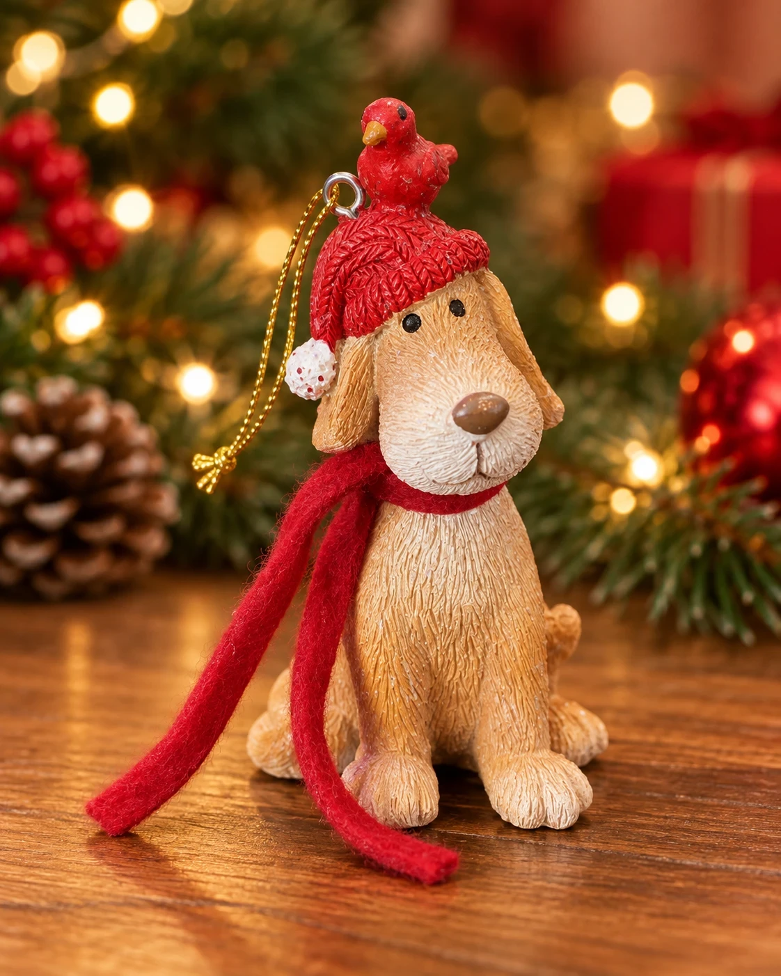 Cachorro Natalino com Gorro Vermelho e Pássaro 10 cm 2
