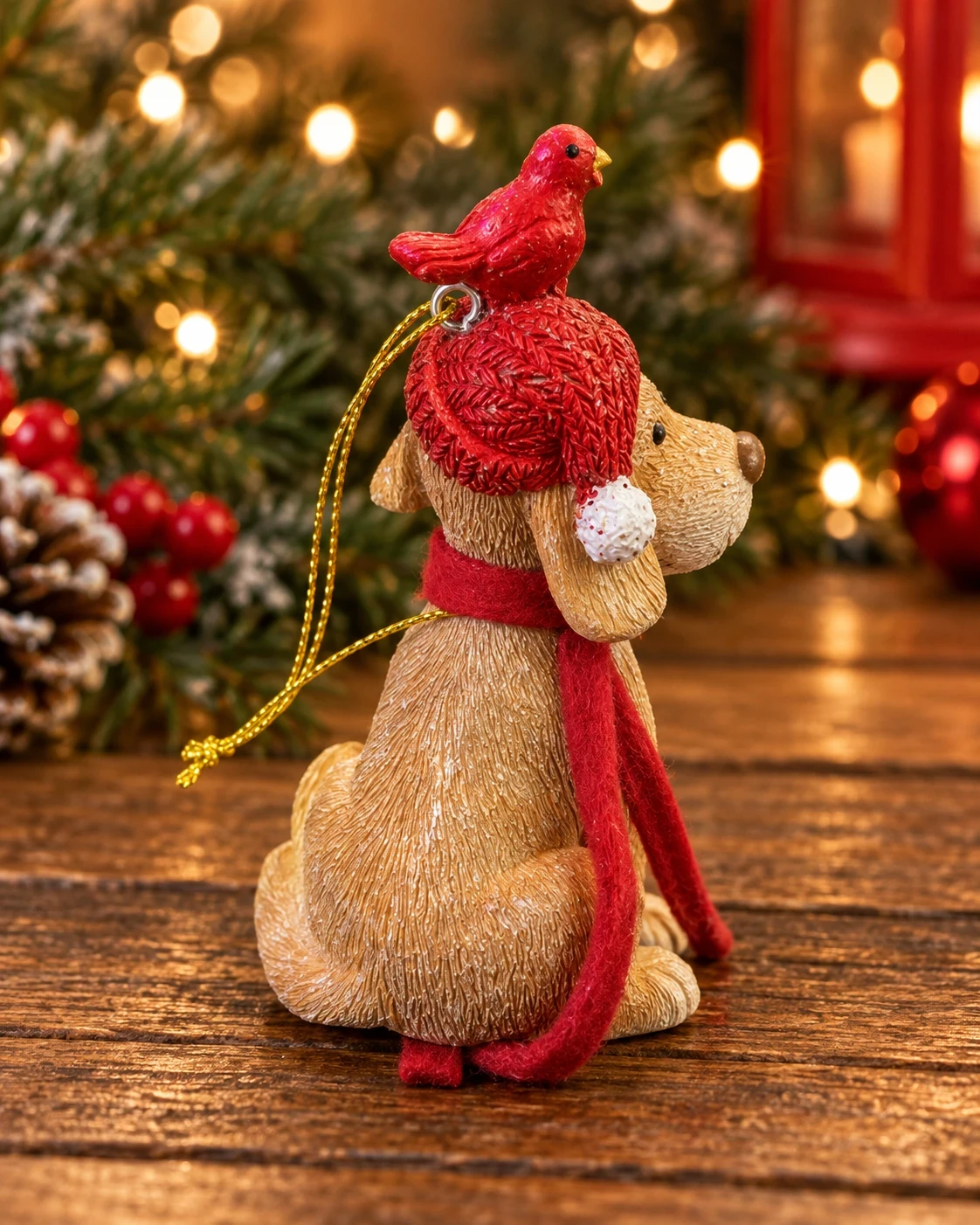 Cachorro Natalino com Gorro Vermelho e Pássaro 10 cm 3