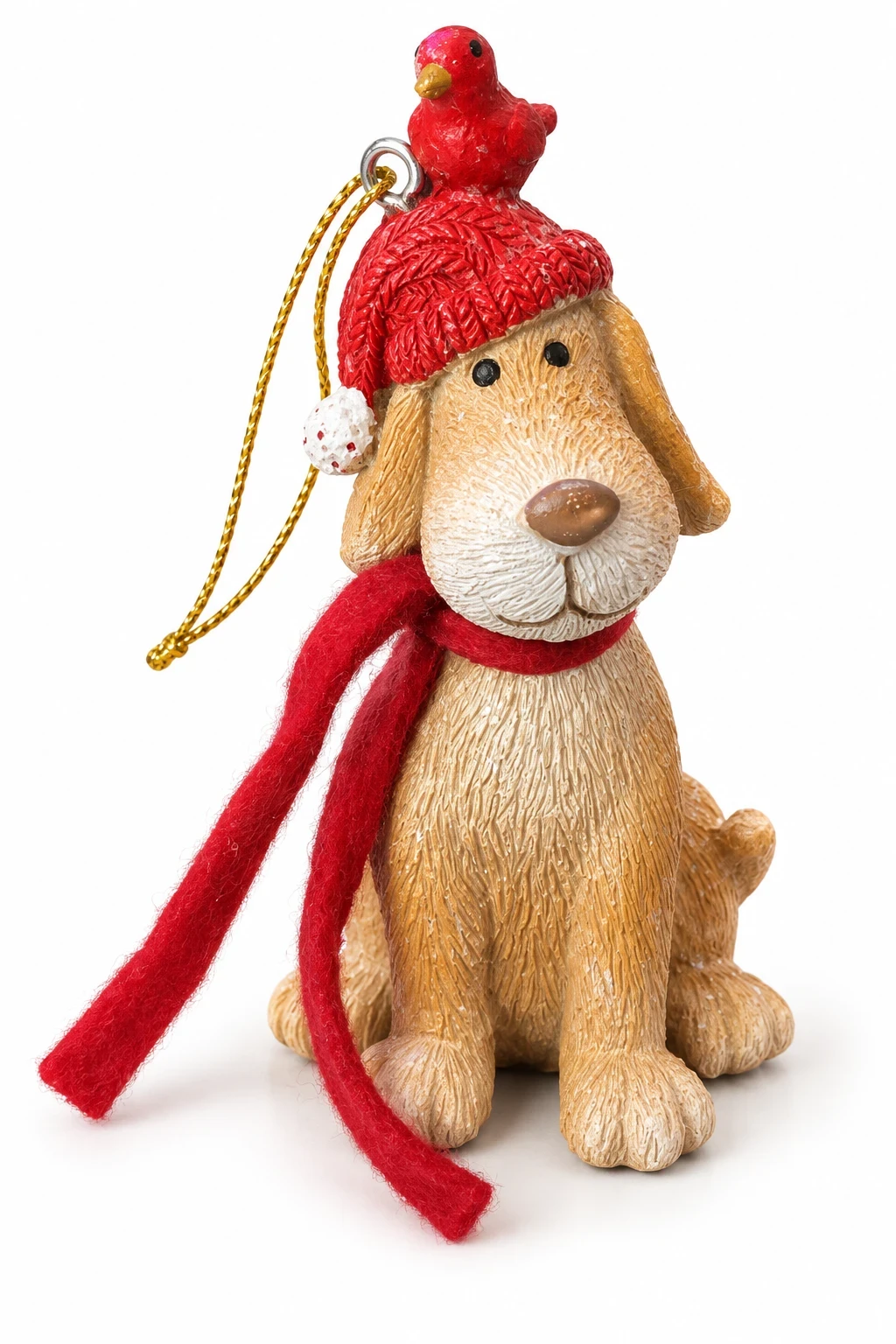 Cachorro Natalino com Gorro Vermelho e Pássaro 10 cm 5
