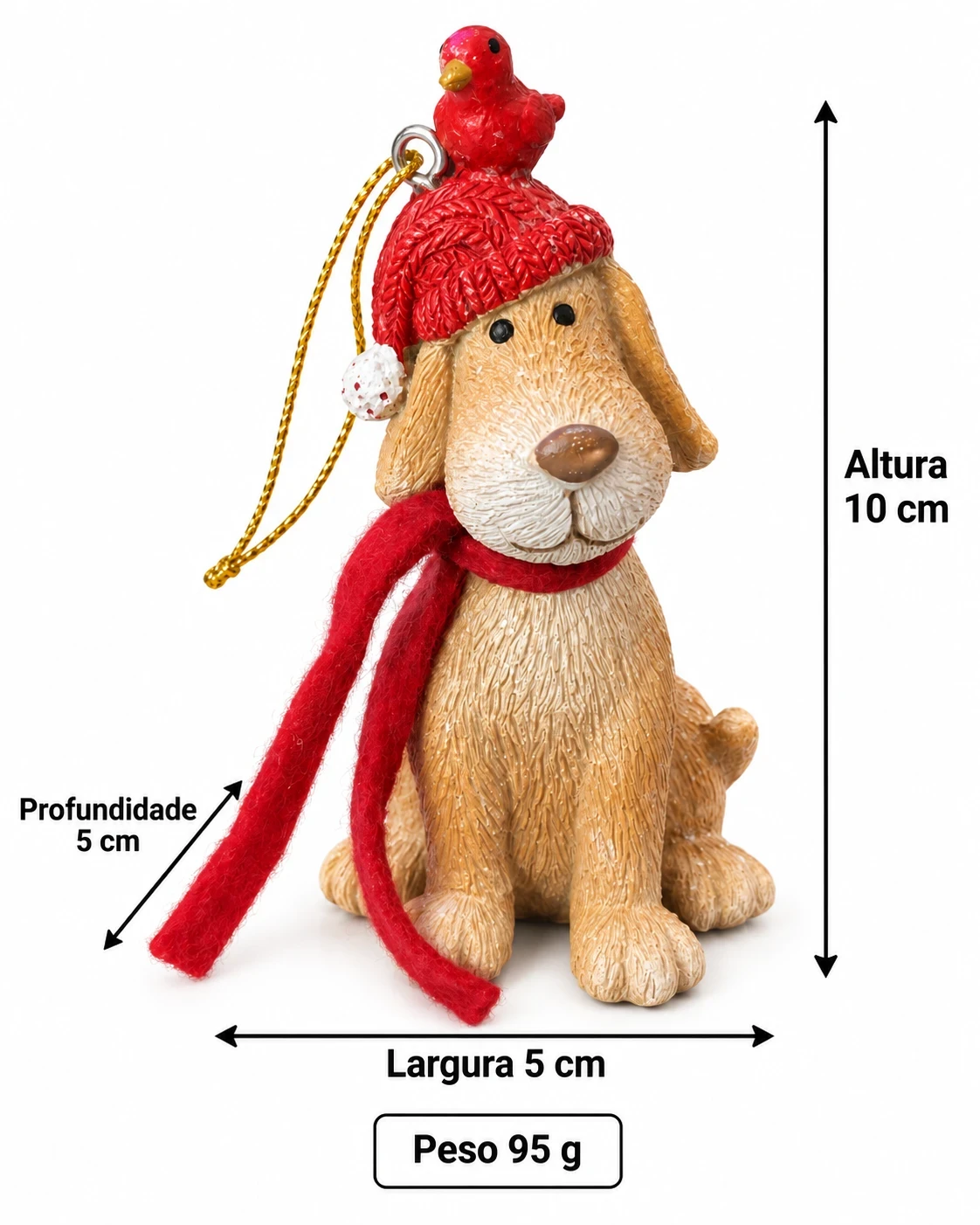 Cachorro Natalino com Gorro Vermelho e Pássaro 10 cm 6