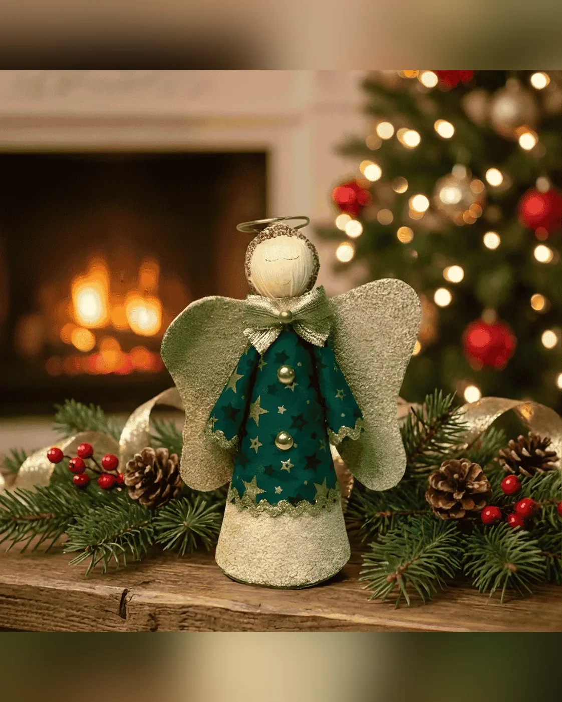 Enfeite de Árvore de Natal Anjo de Tecido Verde e Dourado 18cm