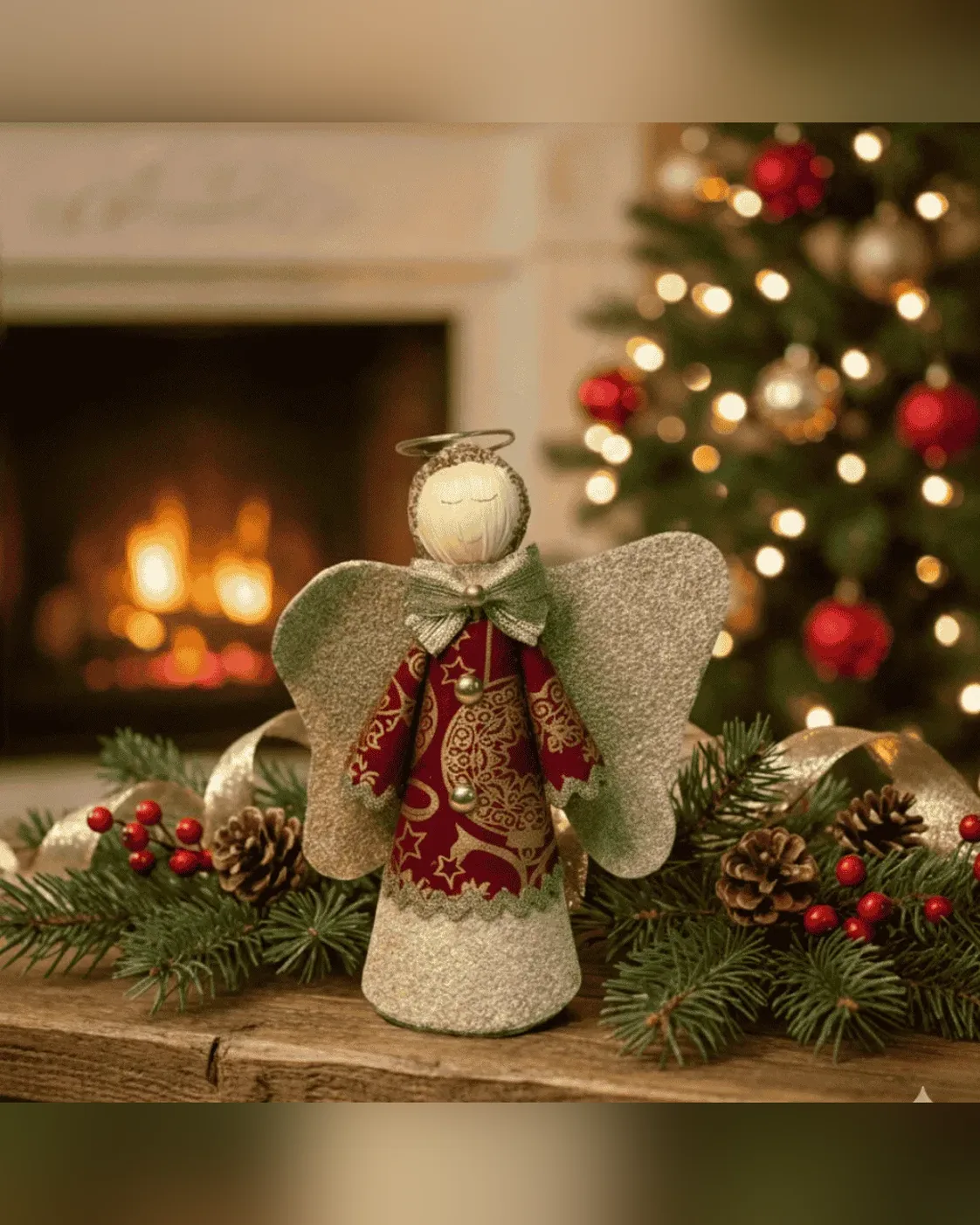 Enfeite de Árvore de Natal Anjo de Tecido Vermelho e Verde 18cm