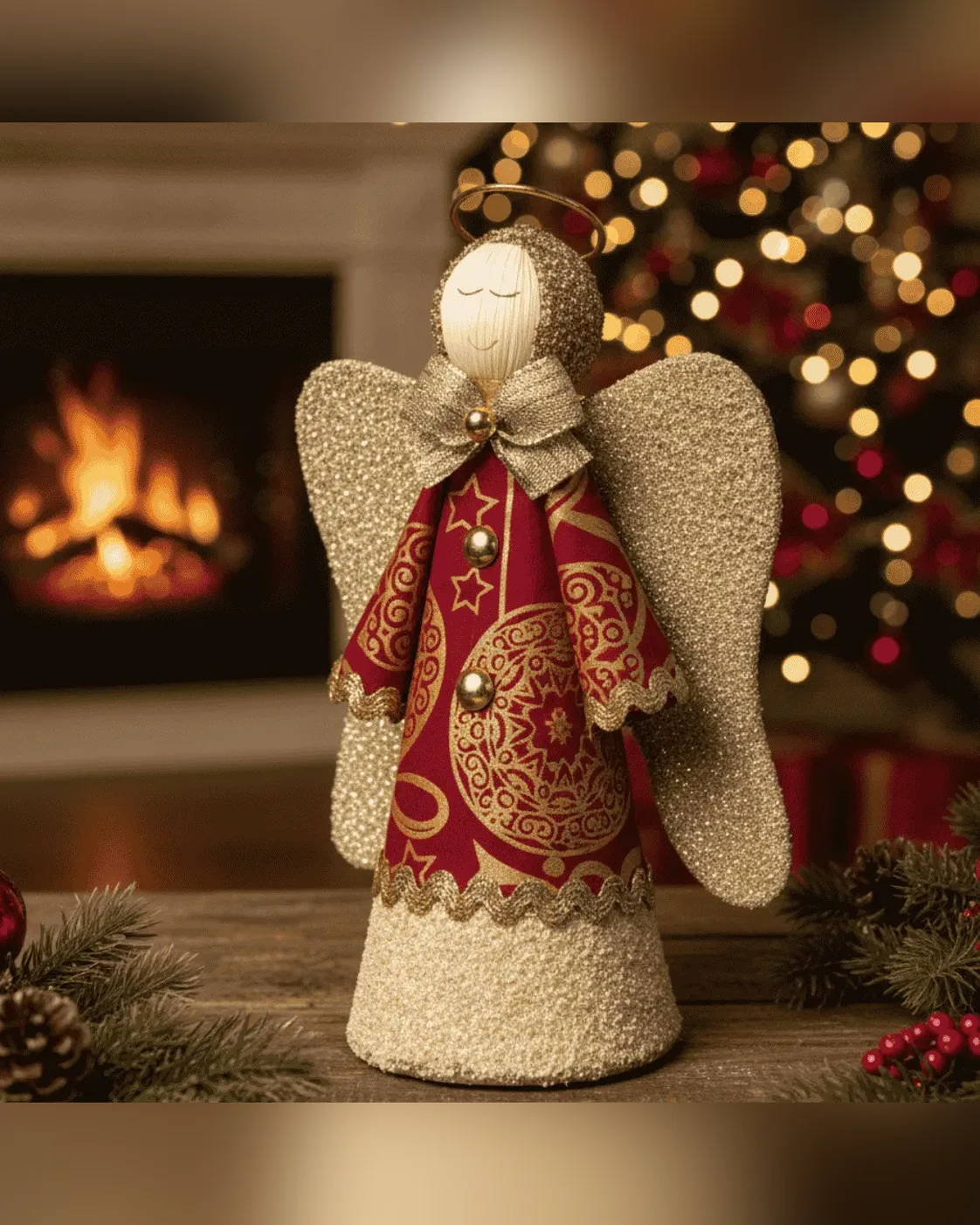 Enfeite de Árvore de Natal Anjo de Tecido Vermelho e Verde 18cm 2