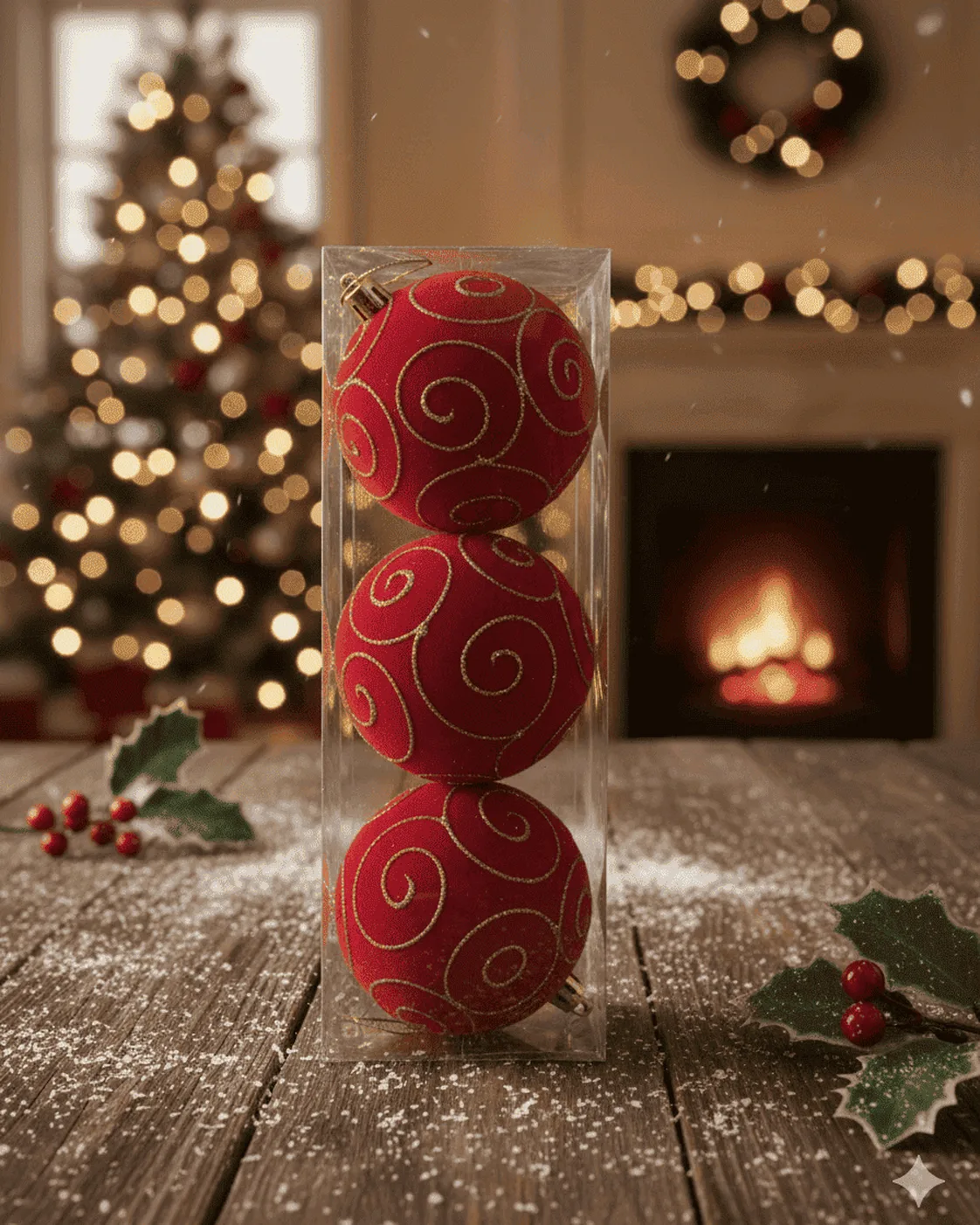 Kit 3 Bolas de Natal Aveludadas Vermelhas com Espirais Douradas 10cm
