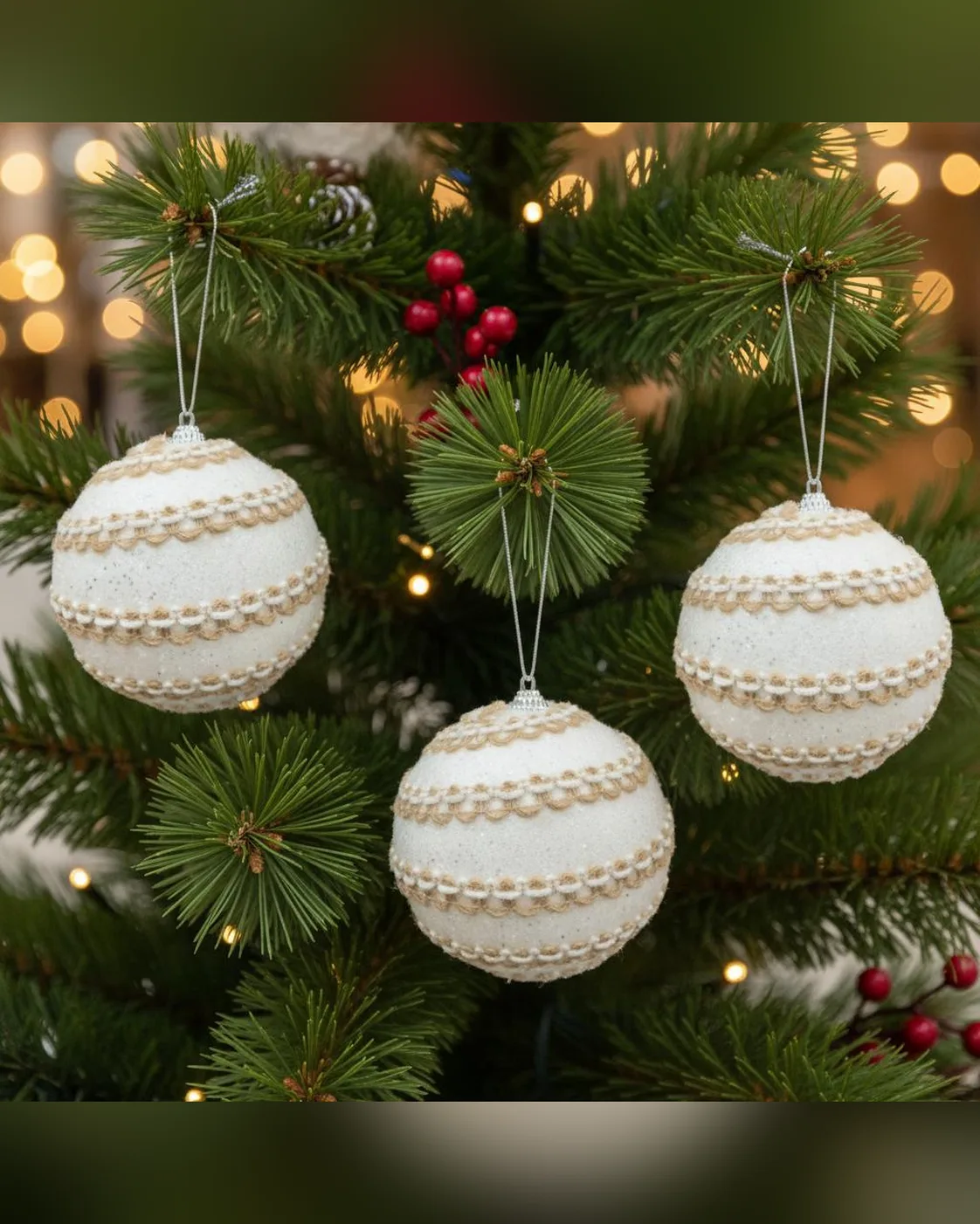 Kit 3 Bolas de Natal Brancas Rustico Chic com Passamanaria 10cm