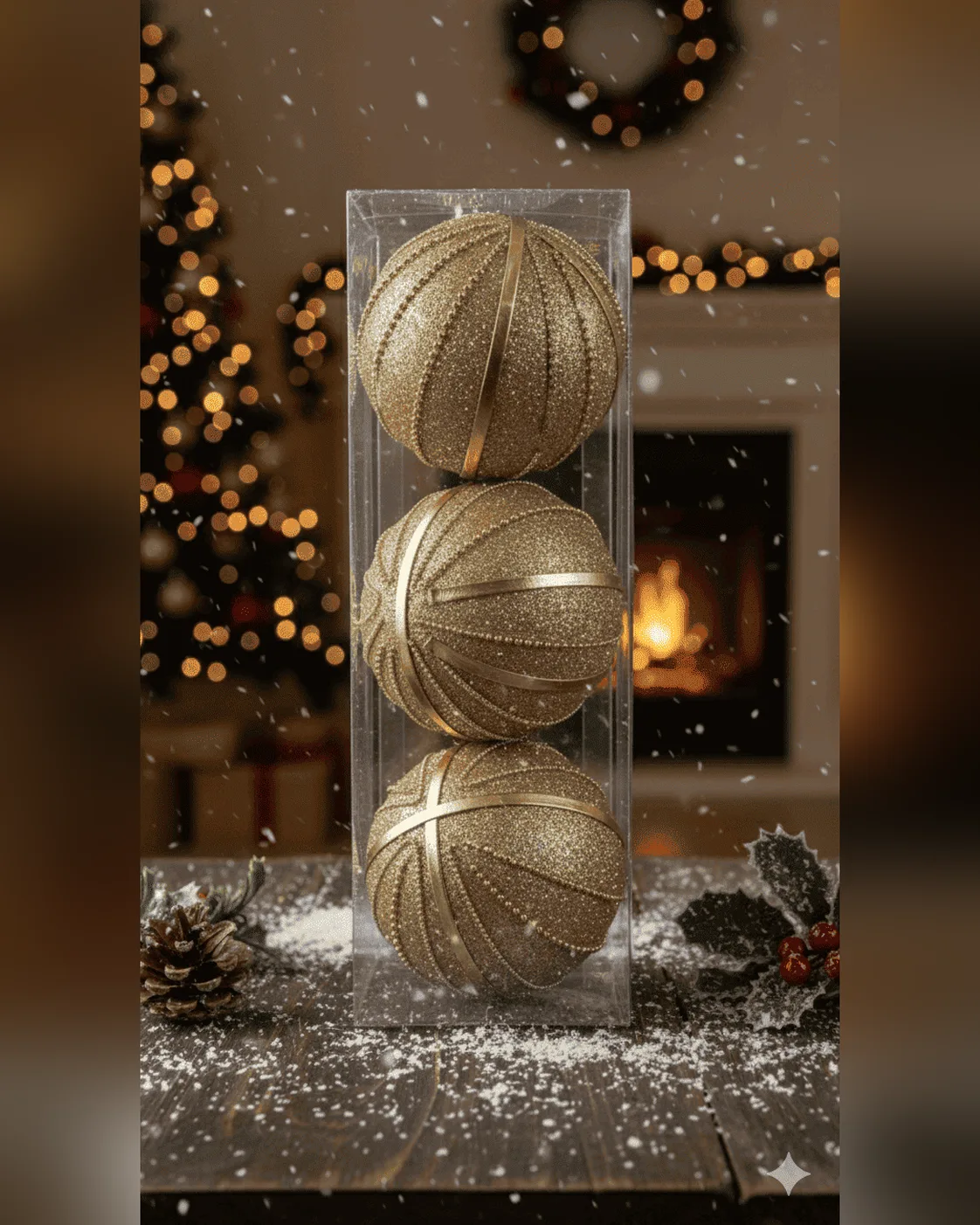 Kit 3 Bolas de Natal Douradas com Glitter e Relevo 10cm