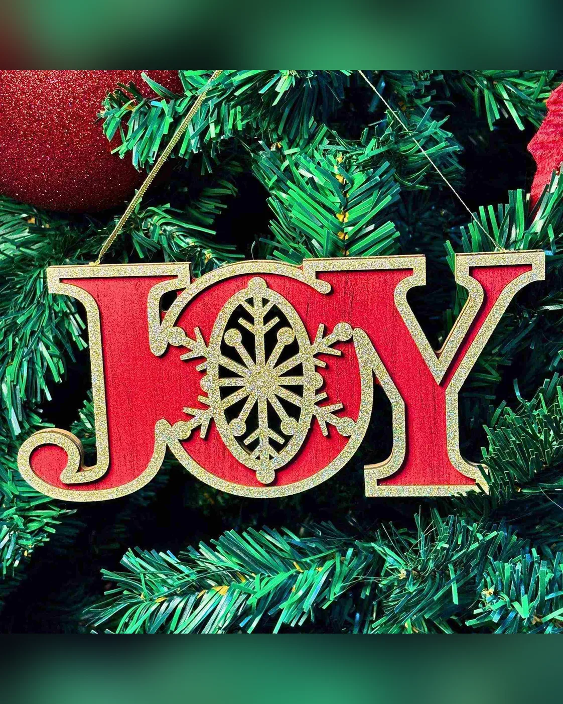 Placa Decorativa Pendente de Natal Joy Vermelha com Glitter 24cm