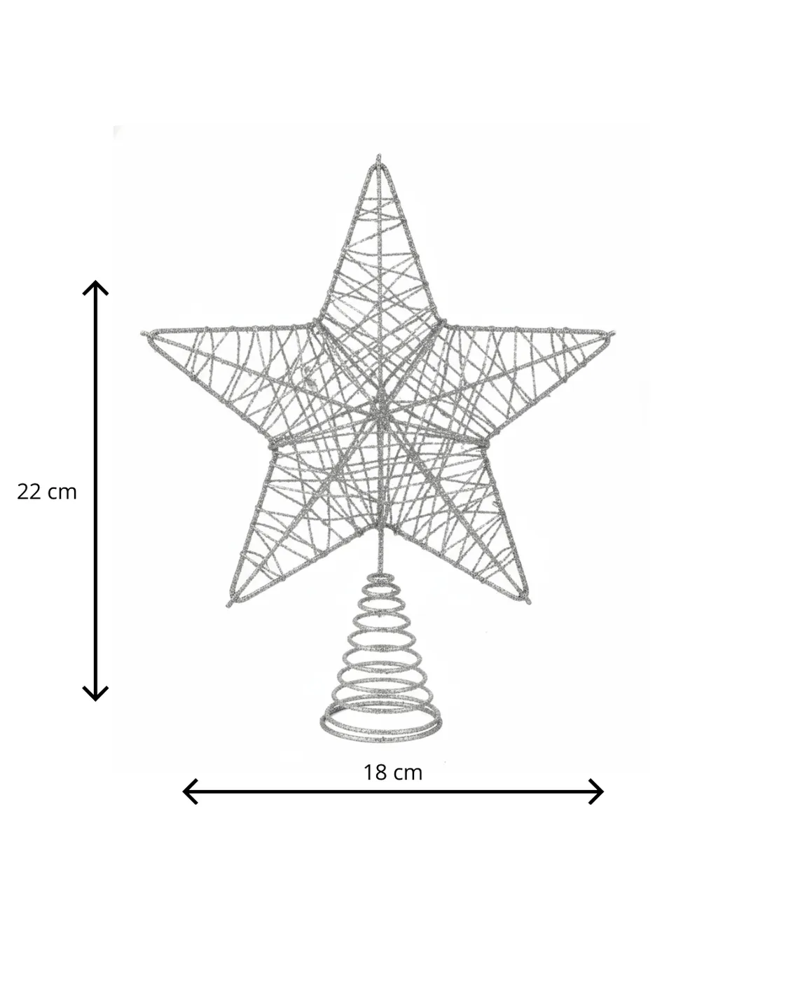 Ponteira de Árvore de Natal Estrela Aramada Prata com Glitter Base Mola 23cm 2