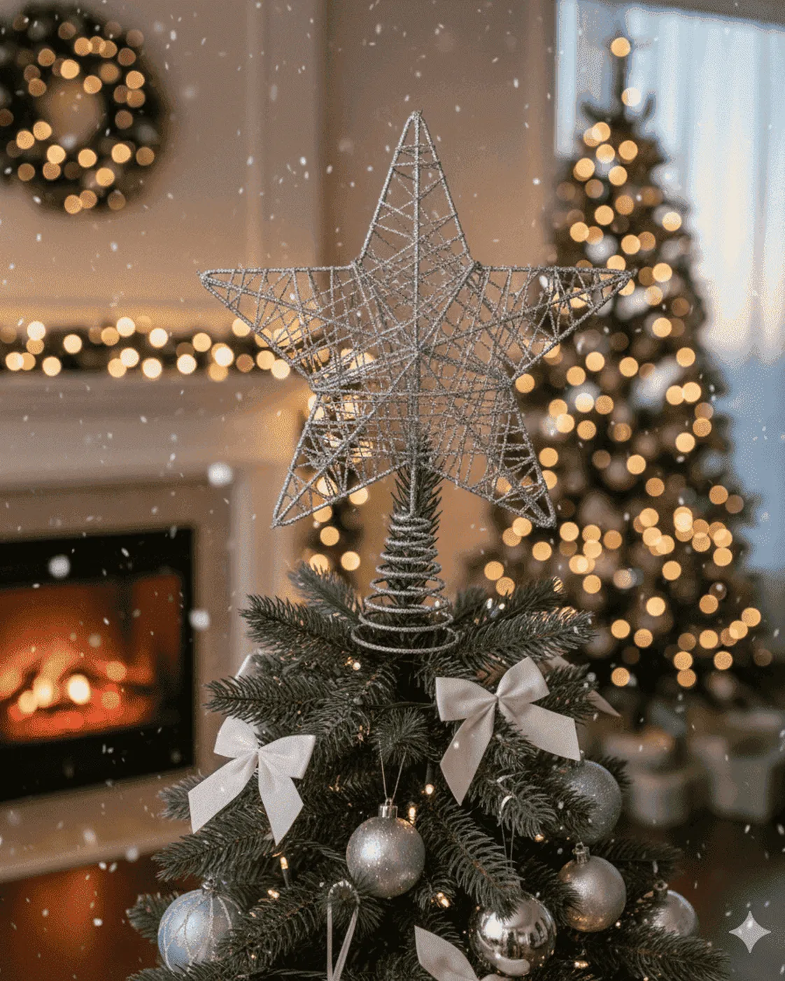 Ponteira de Árvore de Natal Estrela Aramada Prata com Glitter Base Mola 23cm 3