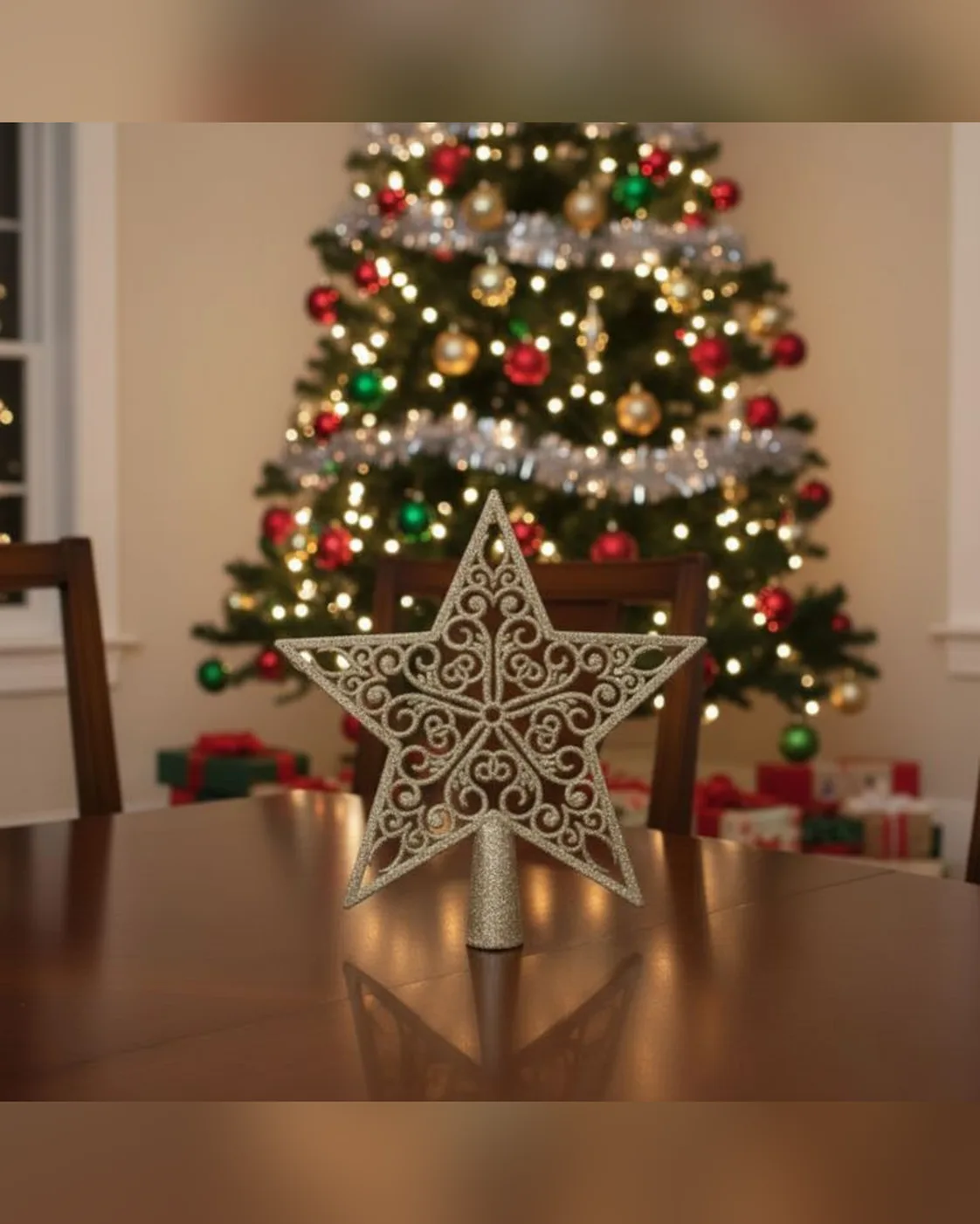 Ponteira de Árvore de Natal Estrela Vazada Champanhe com Glitter 22cm 2