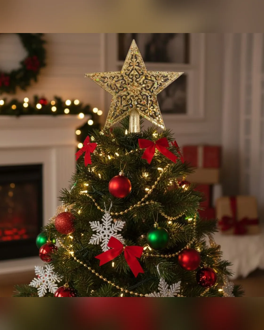 Ponteira de Árvore de Natal Estrela Vazada Dourada com Glitter 14cm