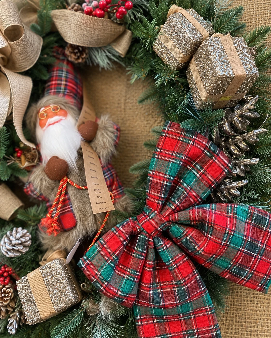 Guirlanda de Natal Papai Noel Rustico xadrez 95cm 2