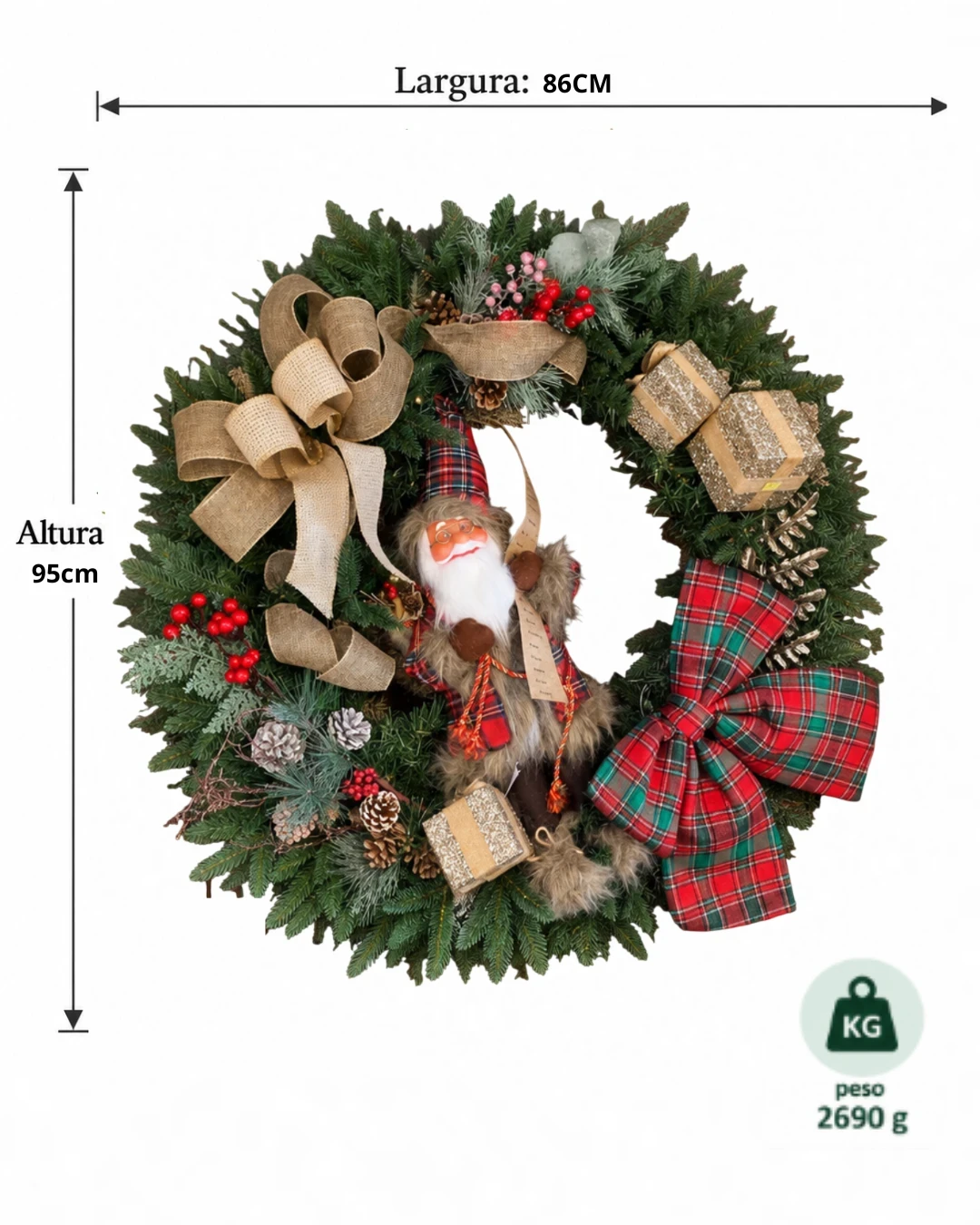 Guirlanda de Natal Papai Noel Rustico xadrez 95cm 5