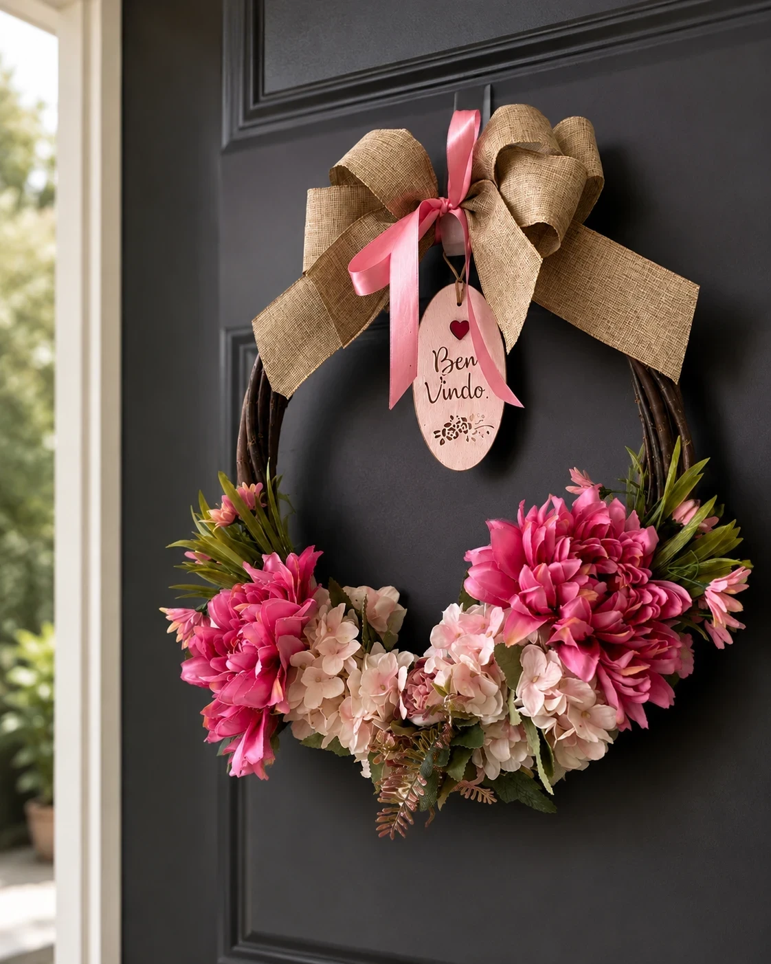 Guirlanda de porta com flores rosa e laço de juta pendurada em porta escura