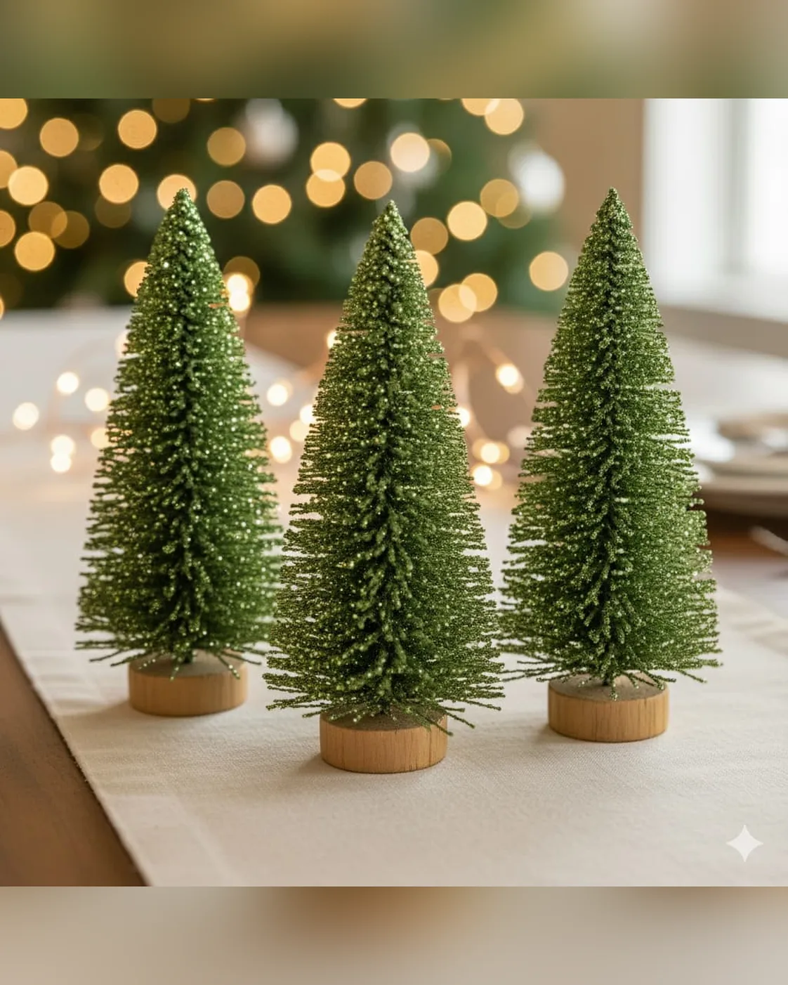 Kit 3 Mini Pinheiros de Natal Decorativos Verdes com Brilho Base Madeira 9cm