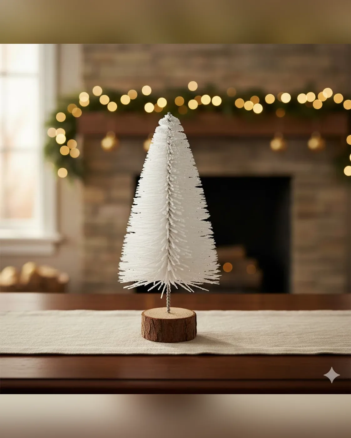Mini Pinheiro de Natal Decorativo Branco Nevado Base Madeira 15cm