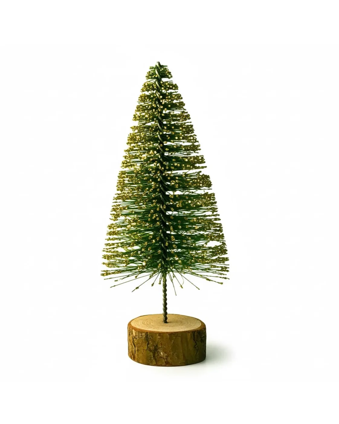 Mini Pinheiro de Natal Decorativo Verde com Dourado Base Madeira 15cm 3
