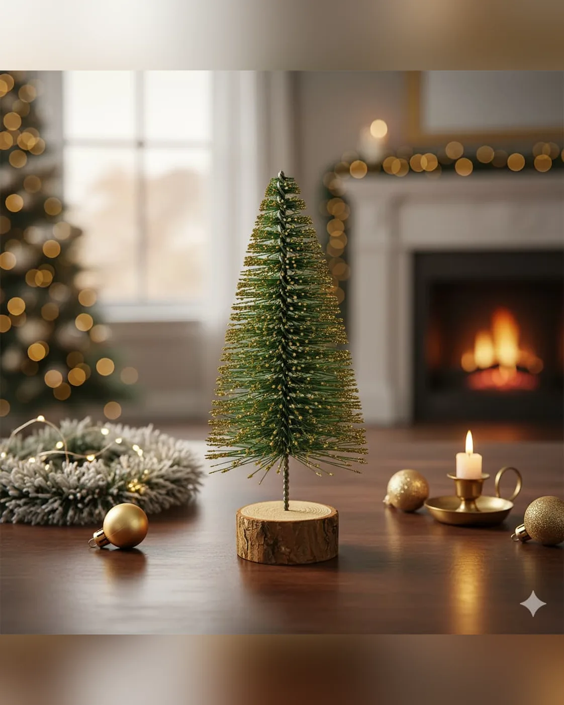 Mini Pinheiro de Natal Decorativo Verde com Dourado Base Madeira 15cm