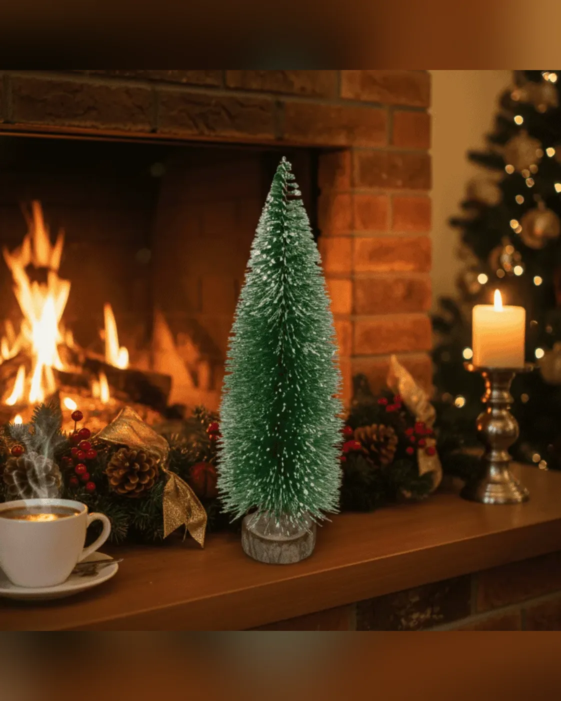 Mini Pinheiro de Natal Decorativo Verde Nevado Base Madeira 25cm