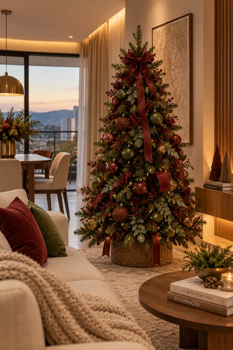 Árvore de Natal com laços vinho em apartamento com vista da cidade e mesa de jantar