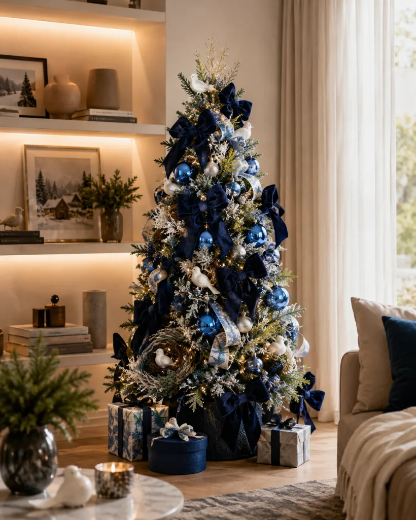 Árvore de Natal azul marinho com passarinhos brancos, ao lado de estante iluminada e sofá